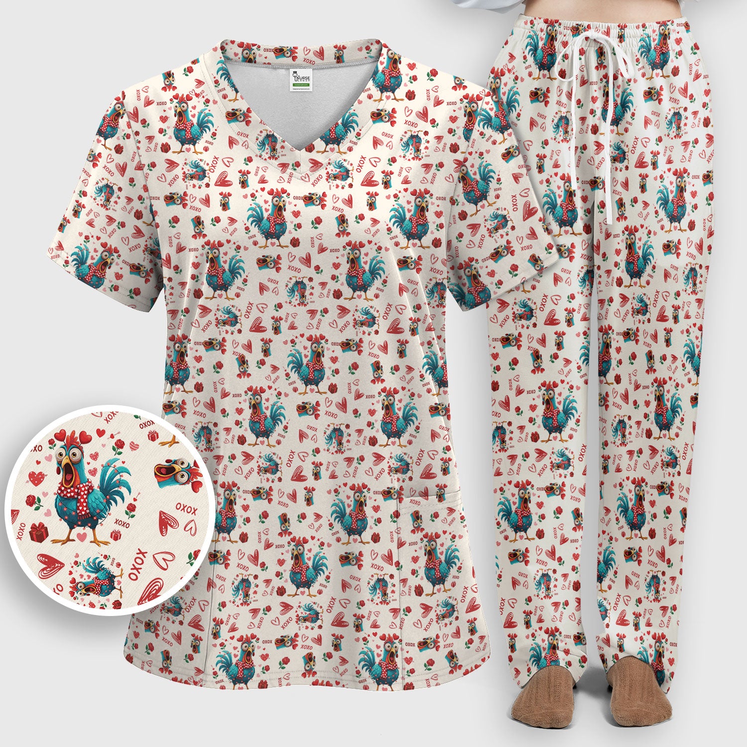 Funny Rooster Valentine Scrub Set, Cute Chicken XOXO Heart Pattern Nurse Shirt, Breathable Fabrics Nursing Uniform