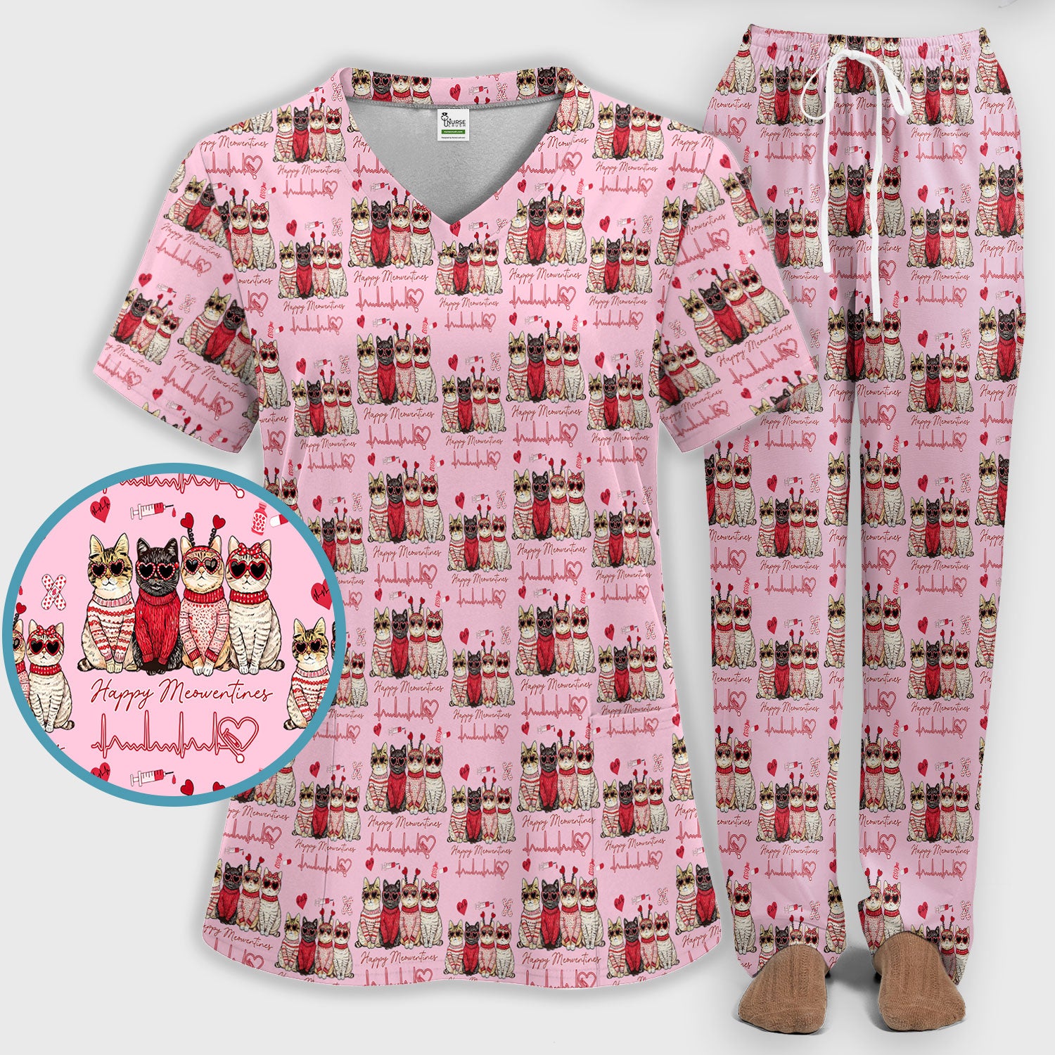 Happy Meowtines Cat Pattern Scrub Set, Valentine Cat Lover Nurse Scrub Shirt, Heartbeat Medical Pattern Nursing Uniform