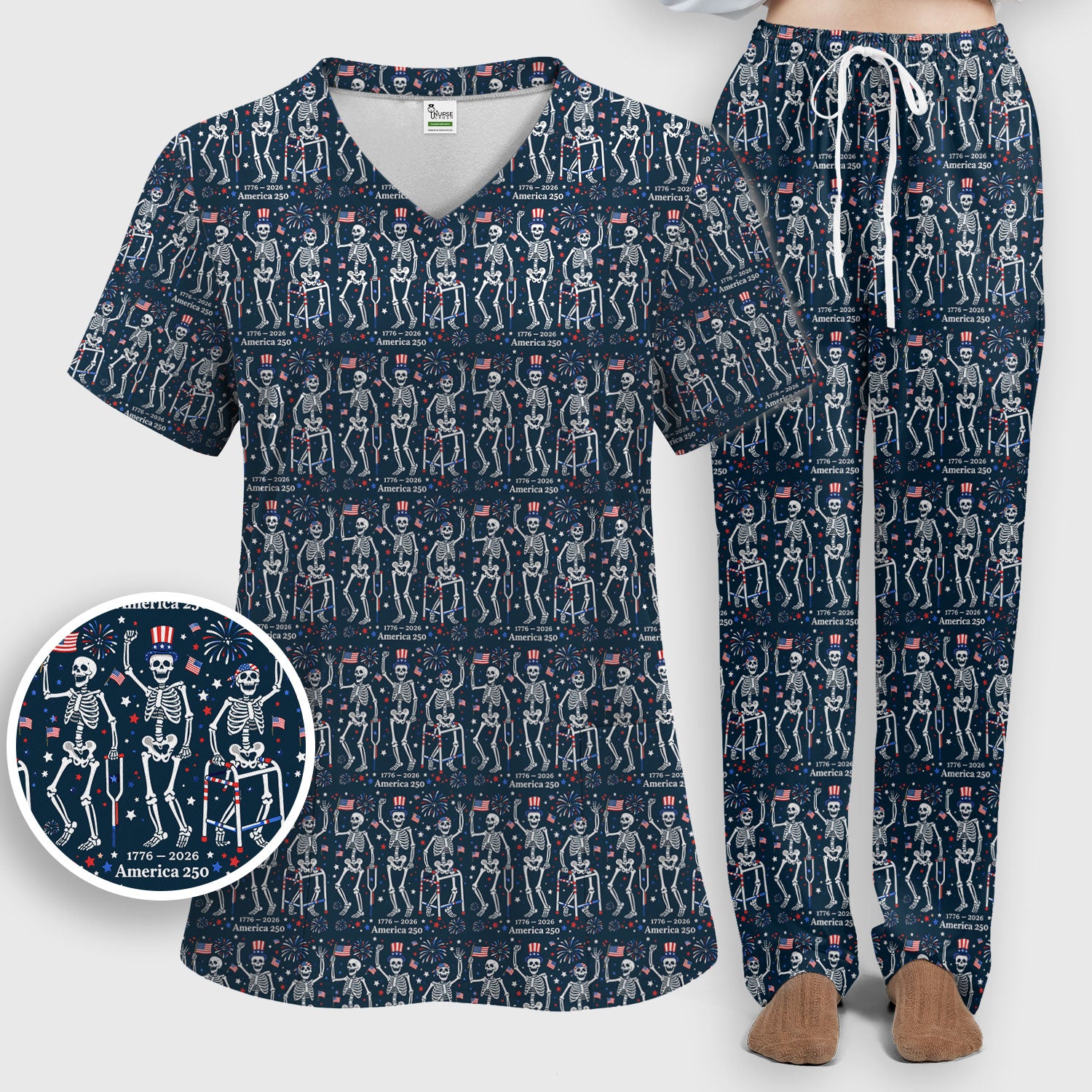 Festive Patriotic Skeleton America 250 Pattern Scrub Set, Scrub Pants and V Neck Top
