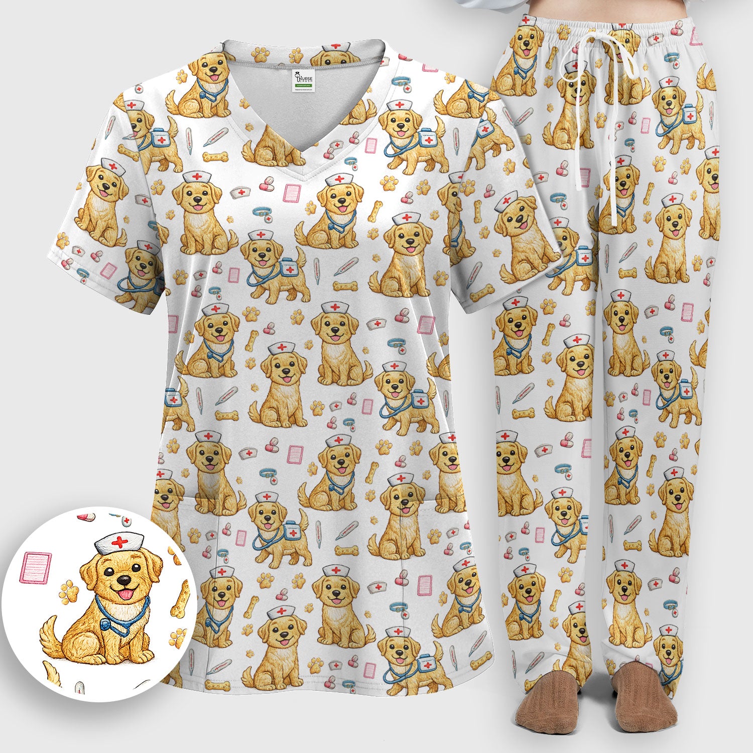 Cute Puppy Nurse Medical Print Women’s Scrub Set, Scrub Pants and V Neck Top