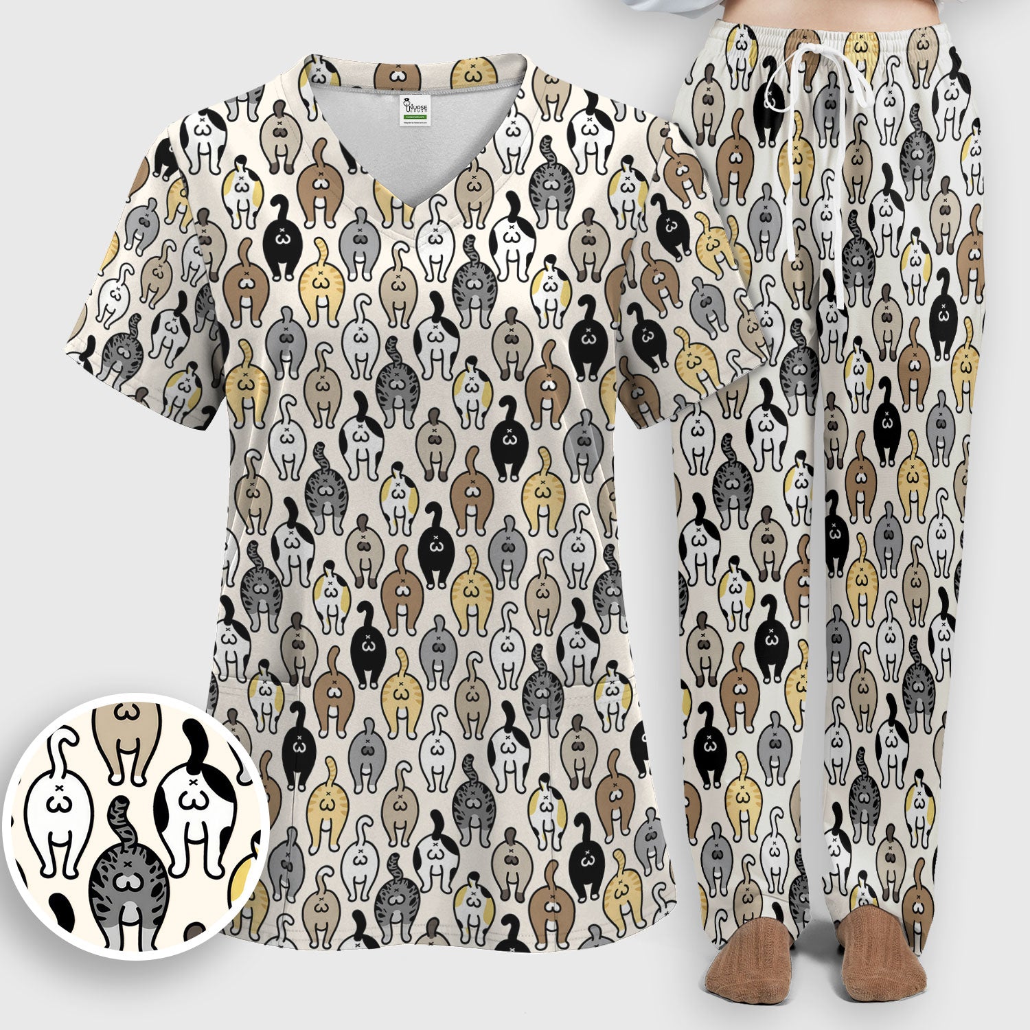 Cat Lover Nurse Scrub Set, Funny Cat Butt Pattern Medical Shirt, Breathable Fabrics Nursing Uniform