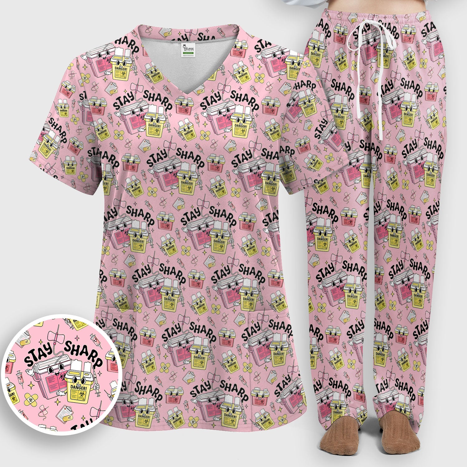 Stay Sharp Nurse Scrub Set, Cute Medical Pattern Scrubs, Breathable Fabrics Nursing Uniform