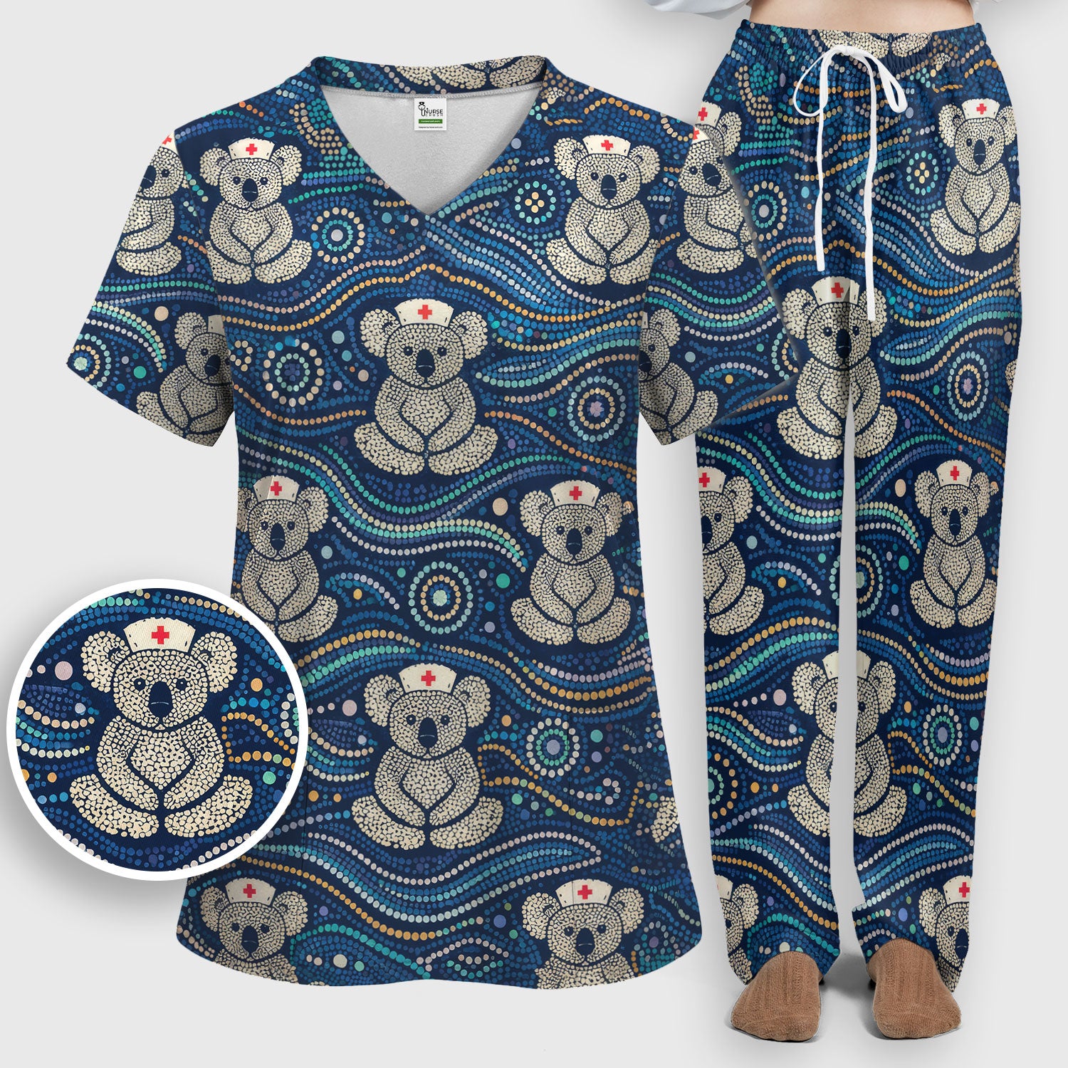 Koala Pattern Nurse Scrub Set, Aboriginal Dot Art Medical Shirt For Women, Breathable Fabrics Nursing Uniform