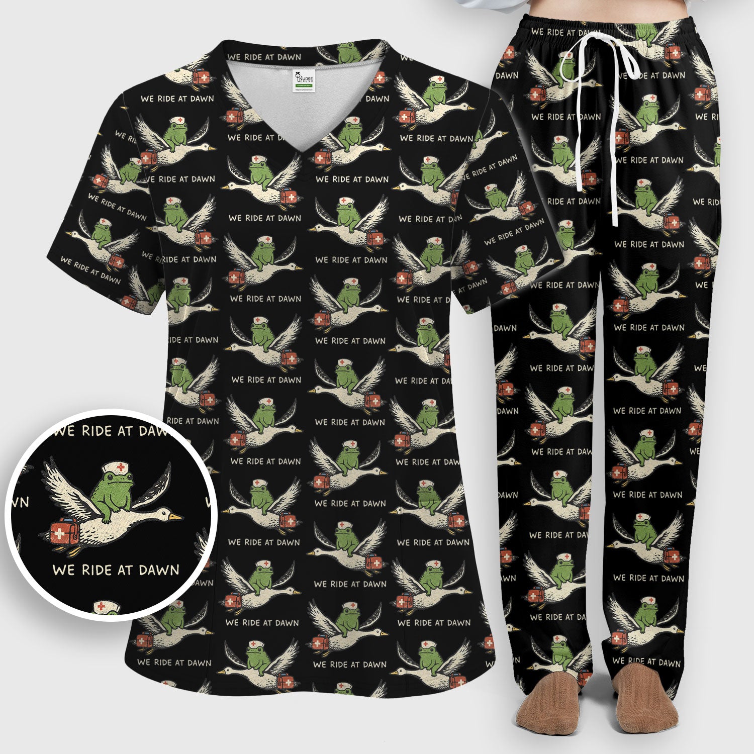 Funny Frog Riding Goose Nurse Pattern Scrub Set, Nurse Uniform Scrubs Set