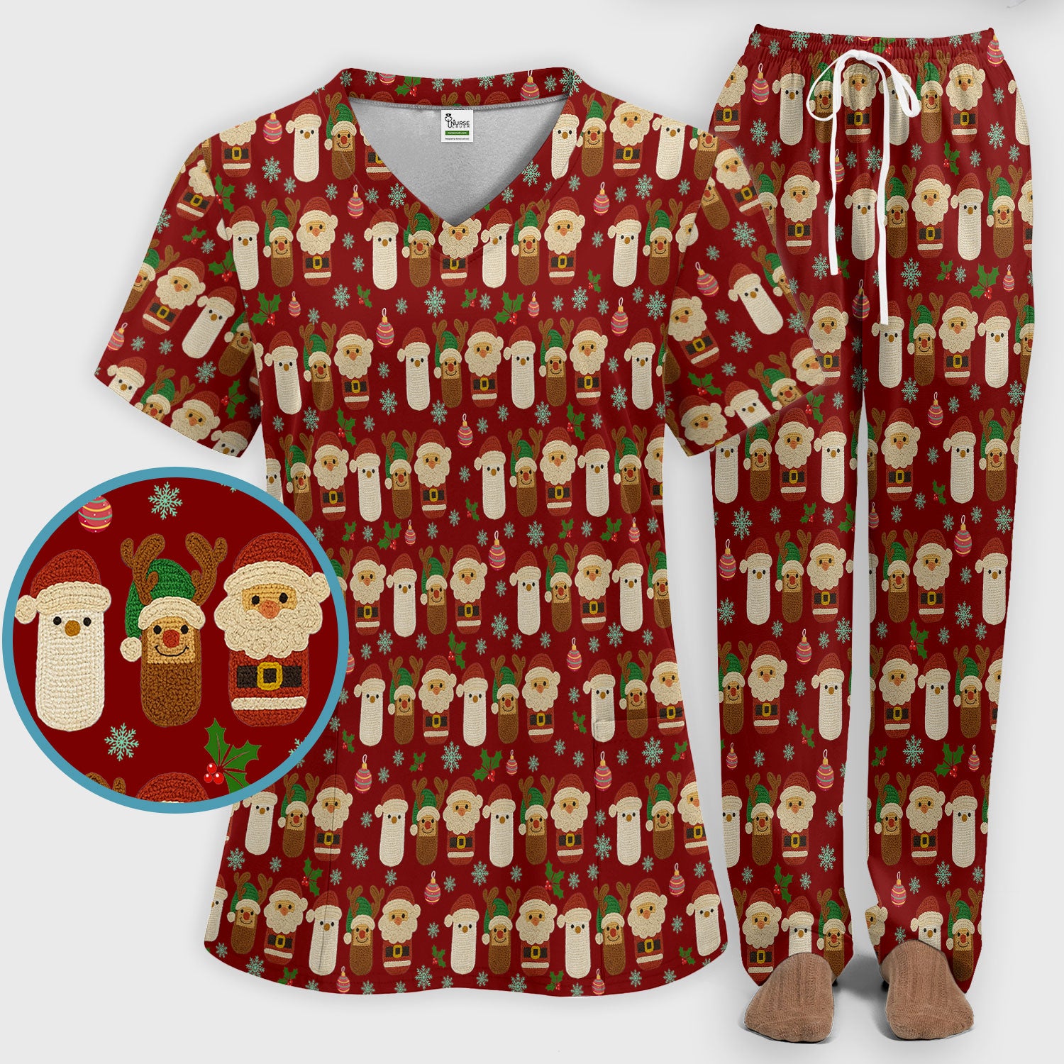 Christmas Santa Reindeer Snowman Scrub Set - Holiday Chill Pill Scrubs Pants and V Neck Top - Funny Medical Uniform for Women