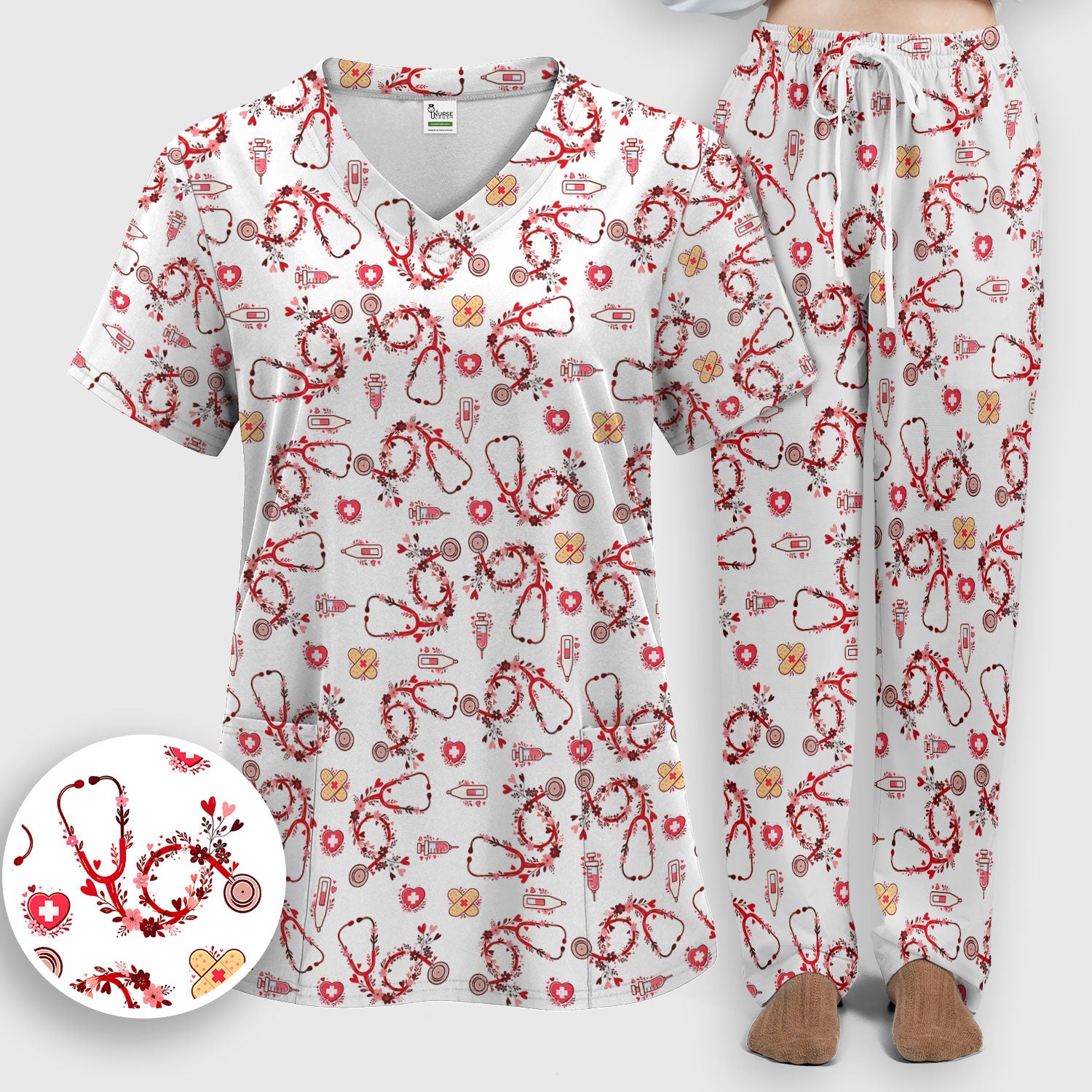 Heart Stethoscope Medical Pattern Scrub Set, Breathable Med Uniform