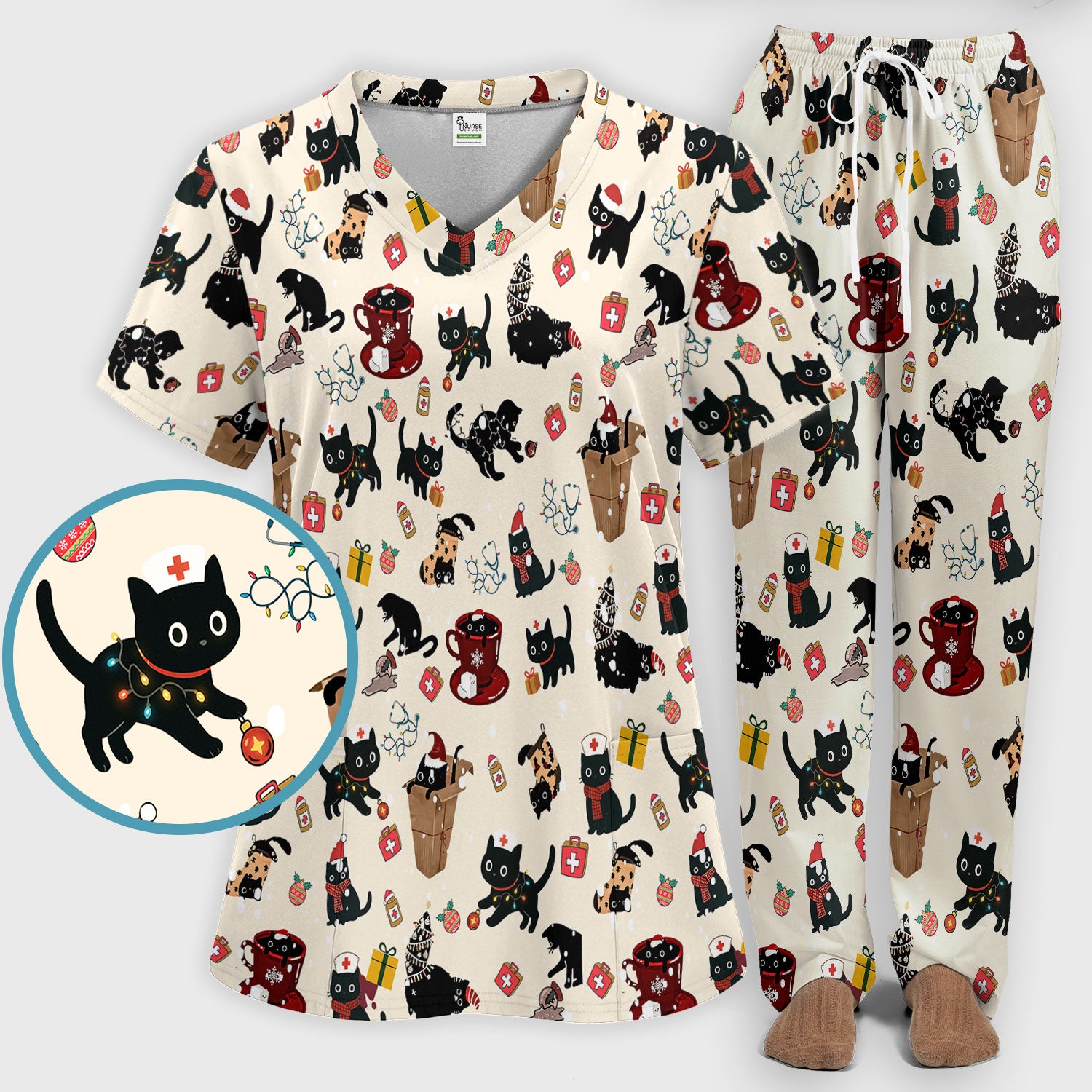 Funny Cat Scrub Sets for Women - Christmas Black Cats Pants and V Neck Top - Breathable Fabrics Nursing Uniform