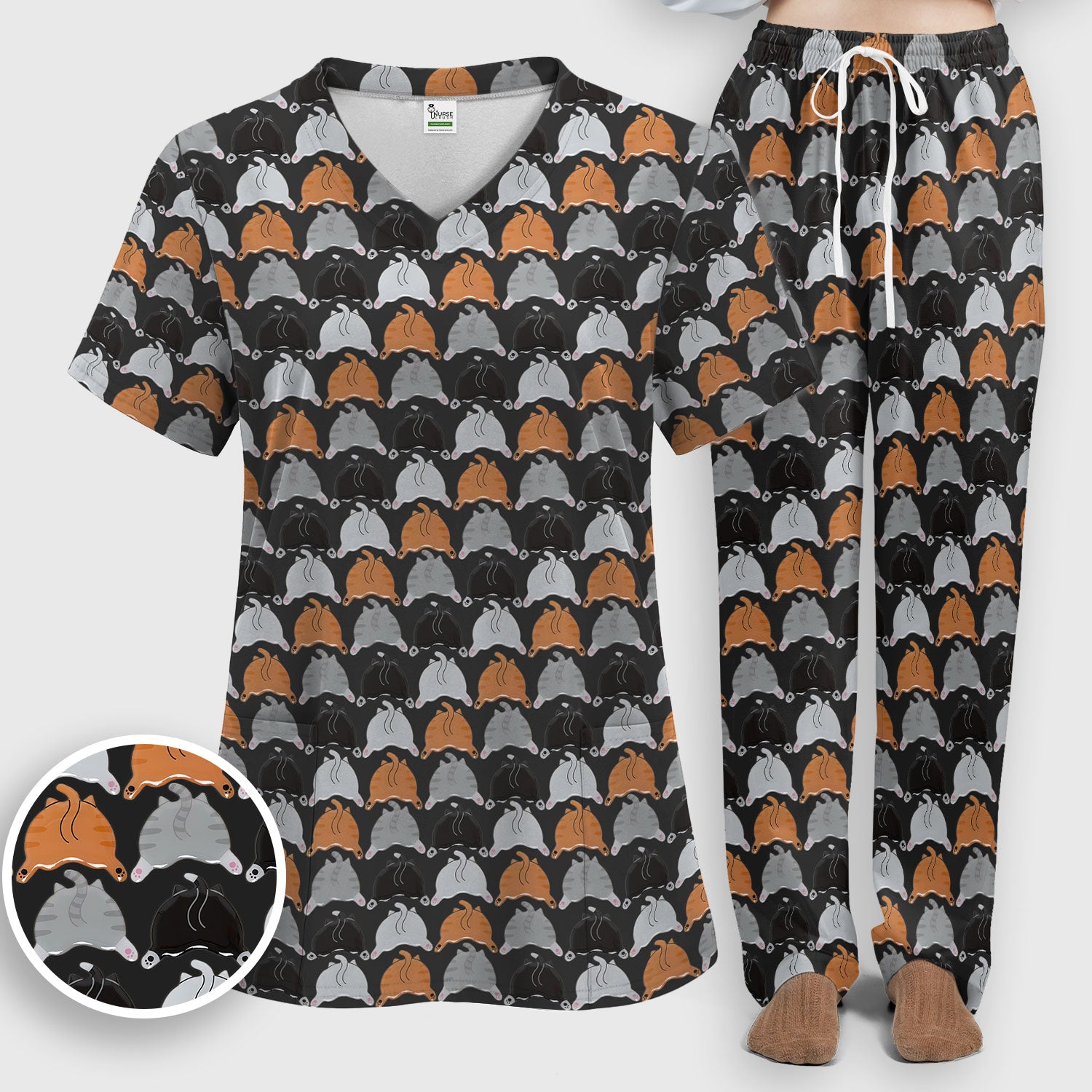 Playful Multicolor Cat Print Scrub Set, Breathable Med Uniform