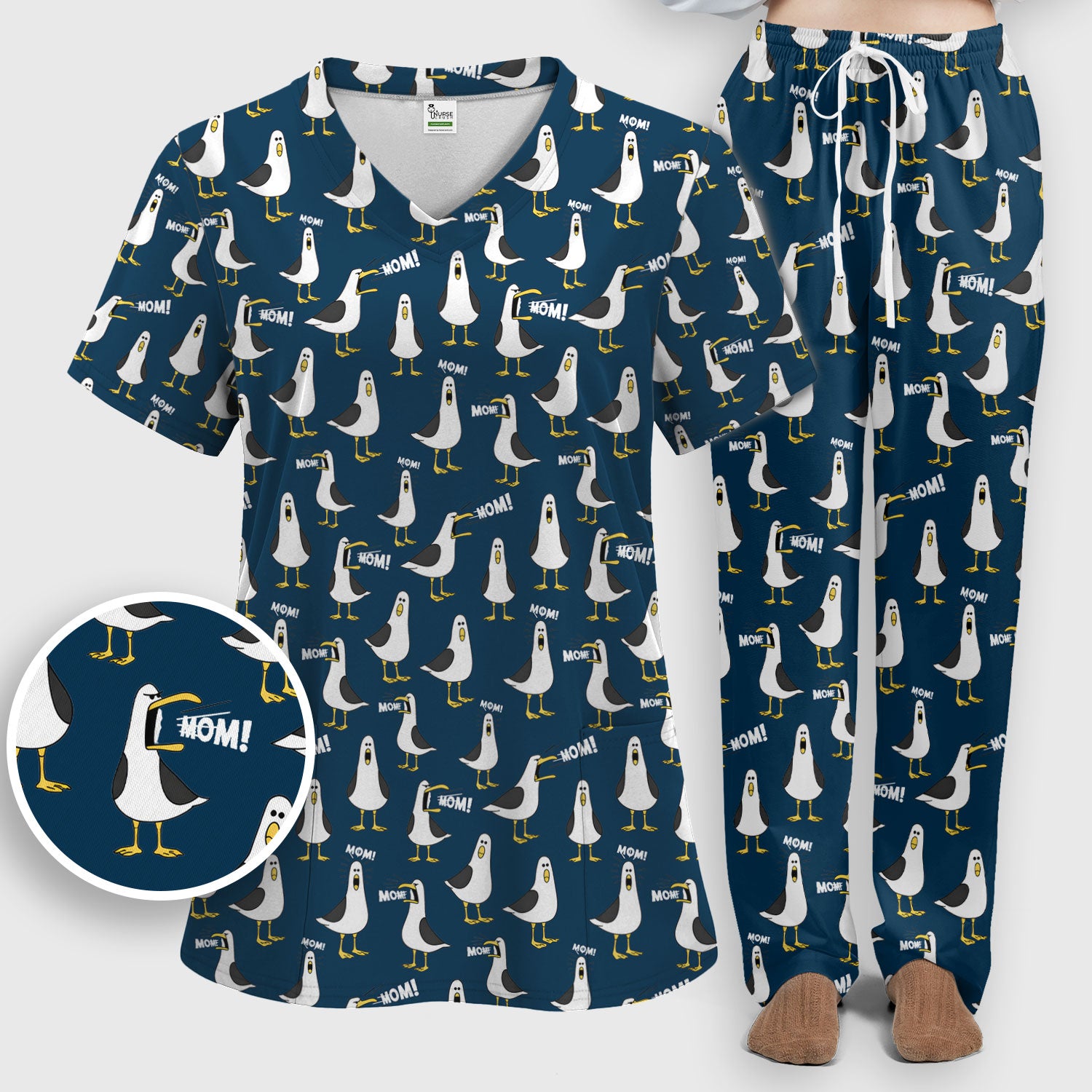 Funny Seagull Mom Seamless Pattern Scrub Set, Scrub Pants and V Neck Top