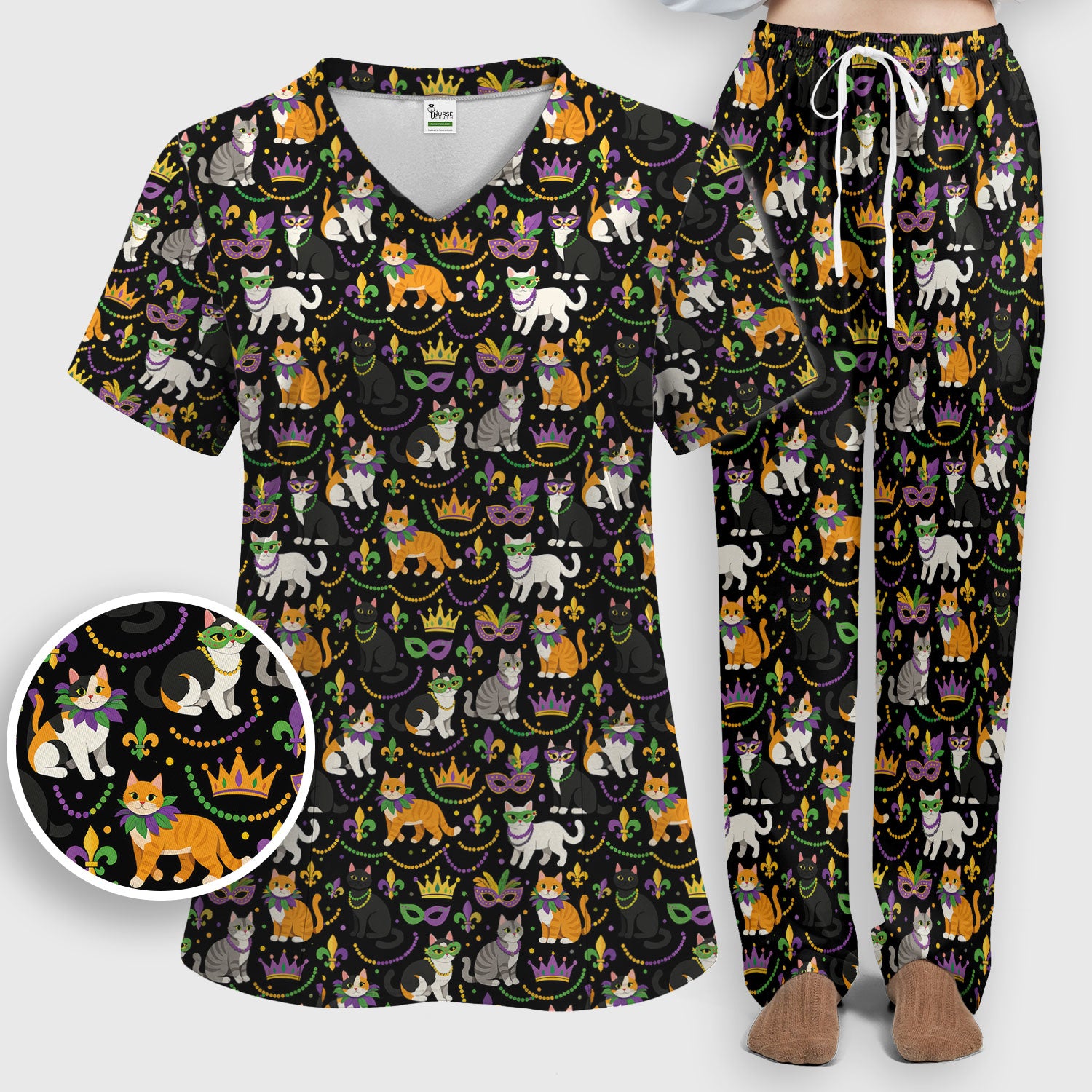Cat Mardi Gras Nurse Scrub Set, Comfortable Uniform Scrubs For Nursing