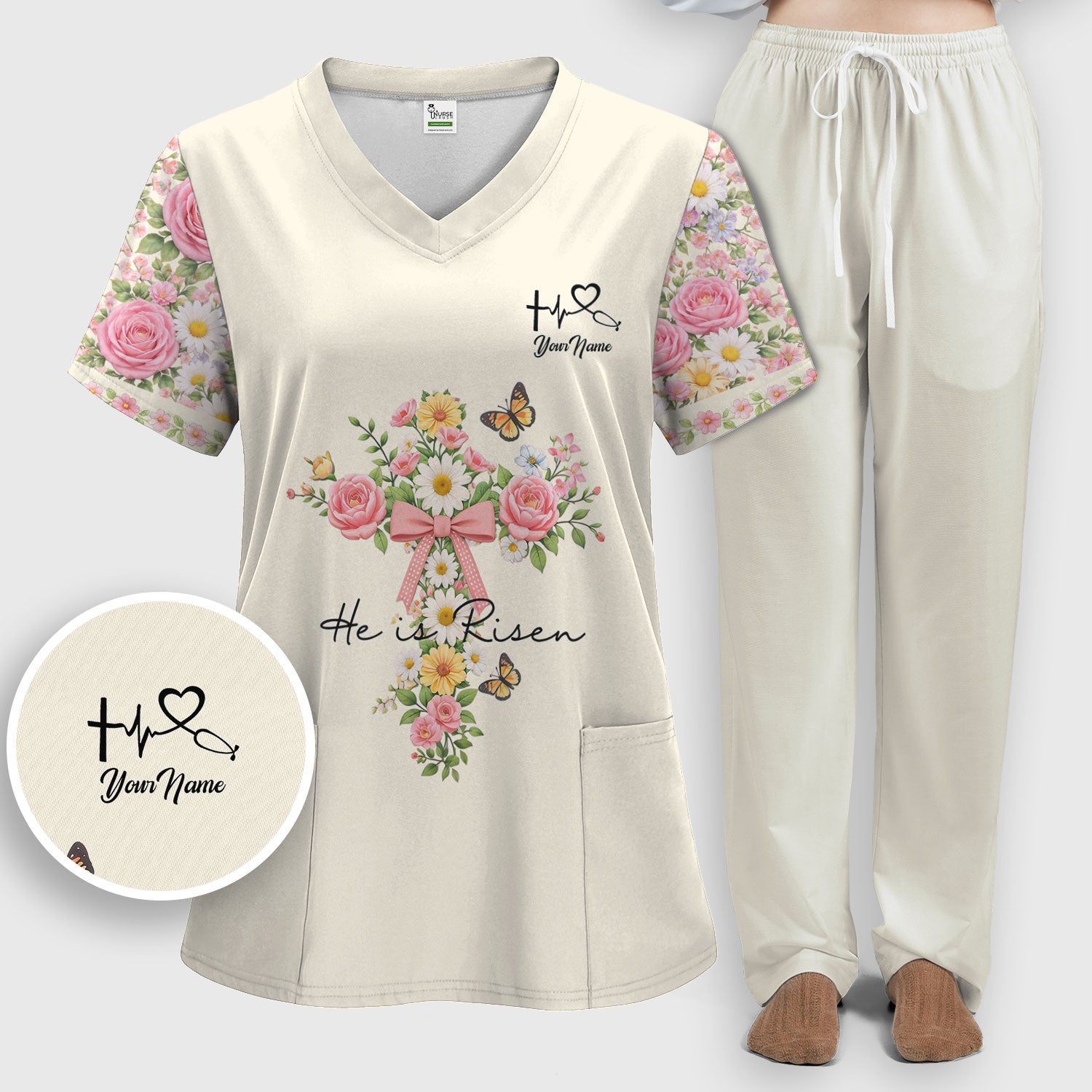 Personalized Meaningful Easter Nurse He Is Risen Floral Cross Bow Pattern Scrub Set, Women's Scrub Sets