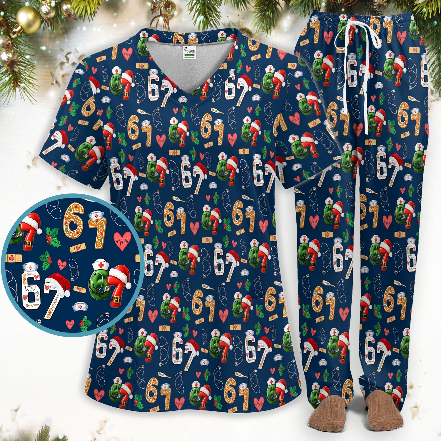 Christmas Nurse 67 Pattern Scrub Set, Cute Holiday Medical Uniform With Santa Hat, Uniform For Nursing