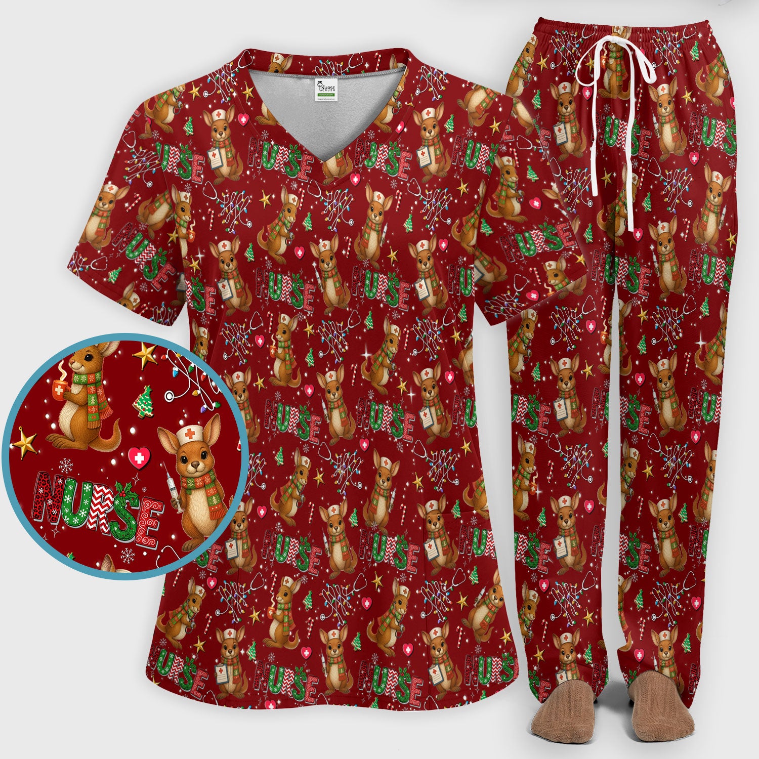Christmas Kangaroo Nurse Scrub Set - Cute Aussie Holiday Medical Uniform - Funny Xmas Gift for Women