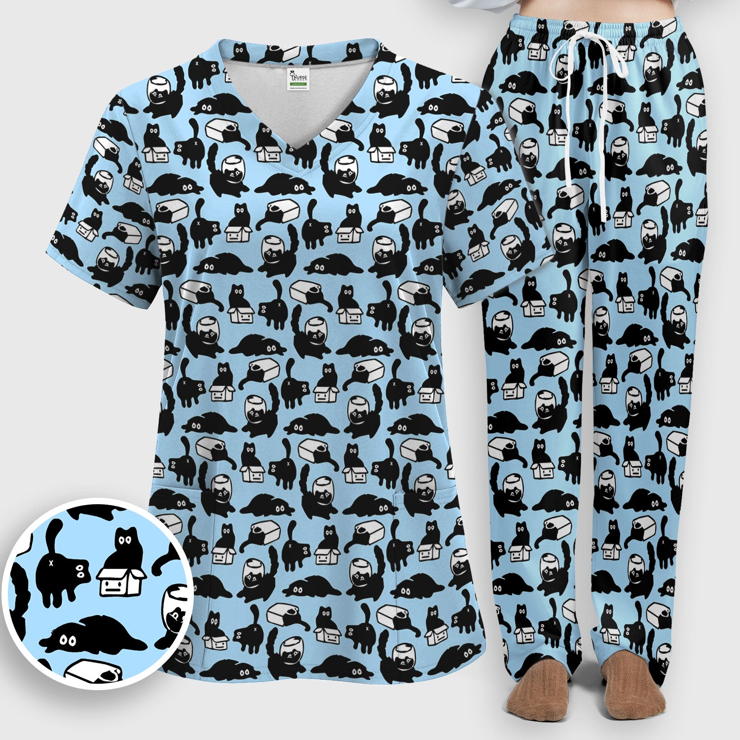Dark Playful Cat Cartoon Pattern Scrub Set, Breathable Med Uniform