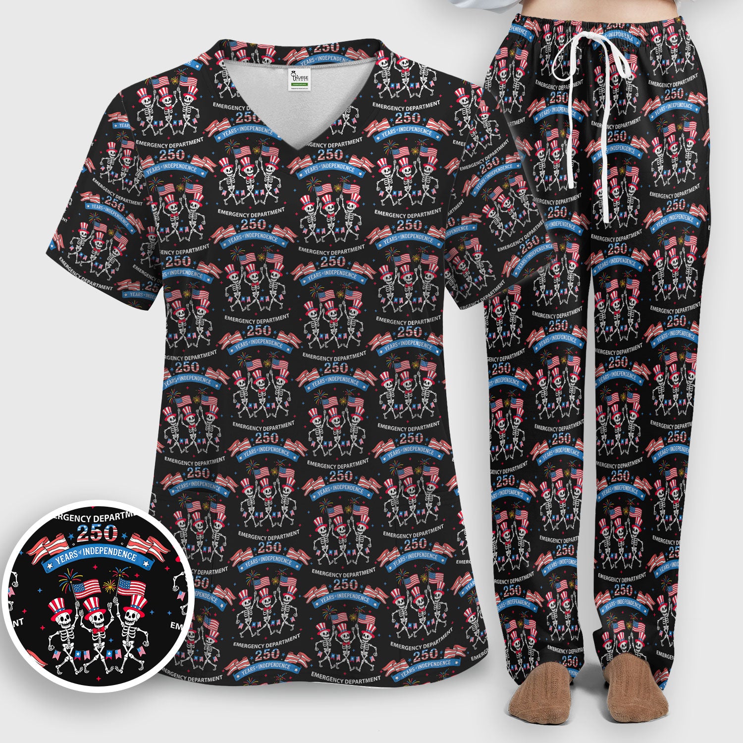 Patriotic Skeleton 250 Years ER Print Scrub Sets, Breathable Med Uniform