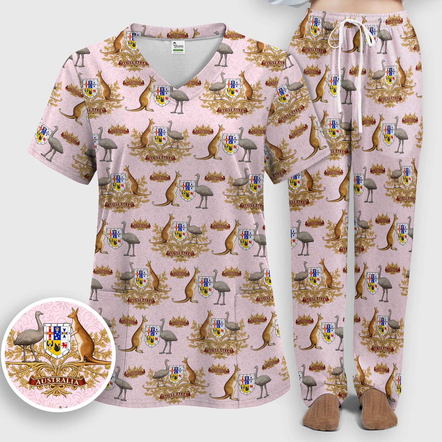 Australian National Crest Kangaroo Emu Scrub Set, Women's Scrub Sets