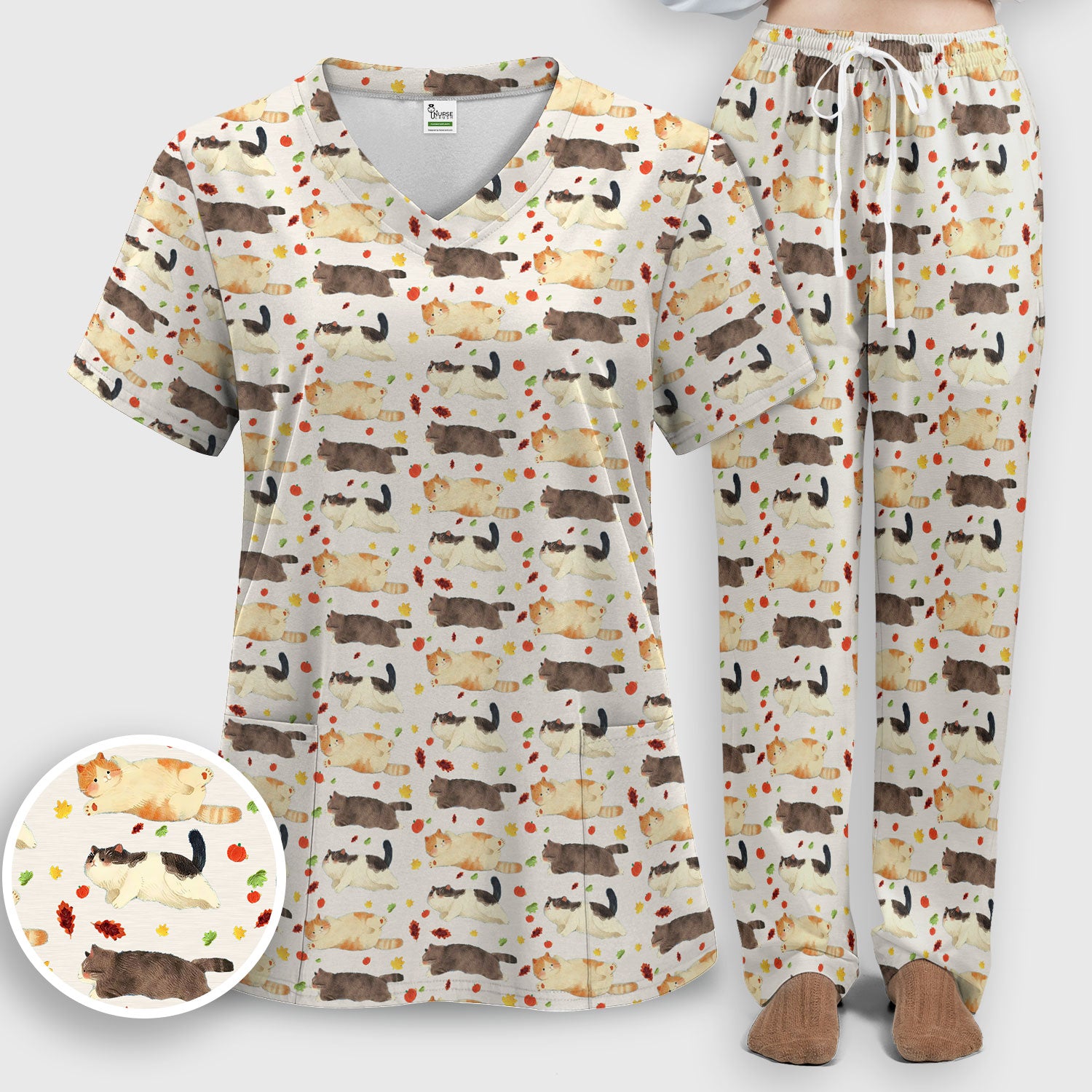 Chubby Cat Autumn Leaves Print Scrub Set, Breathable Med Uniform