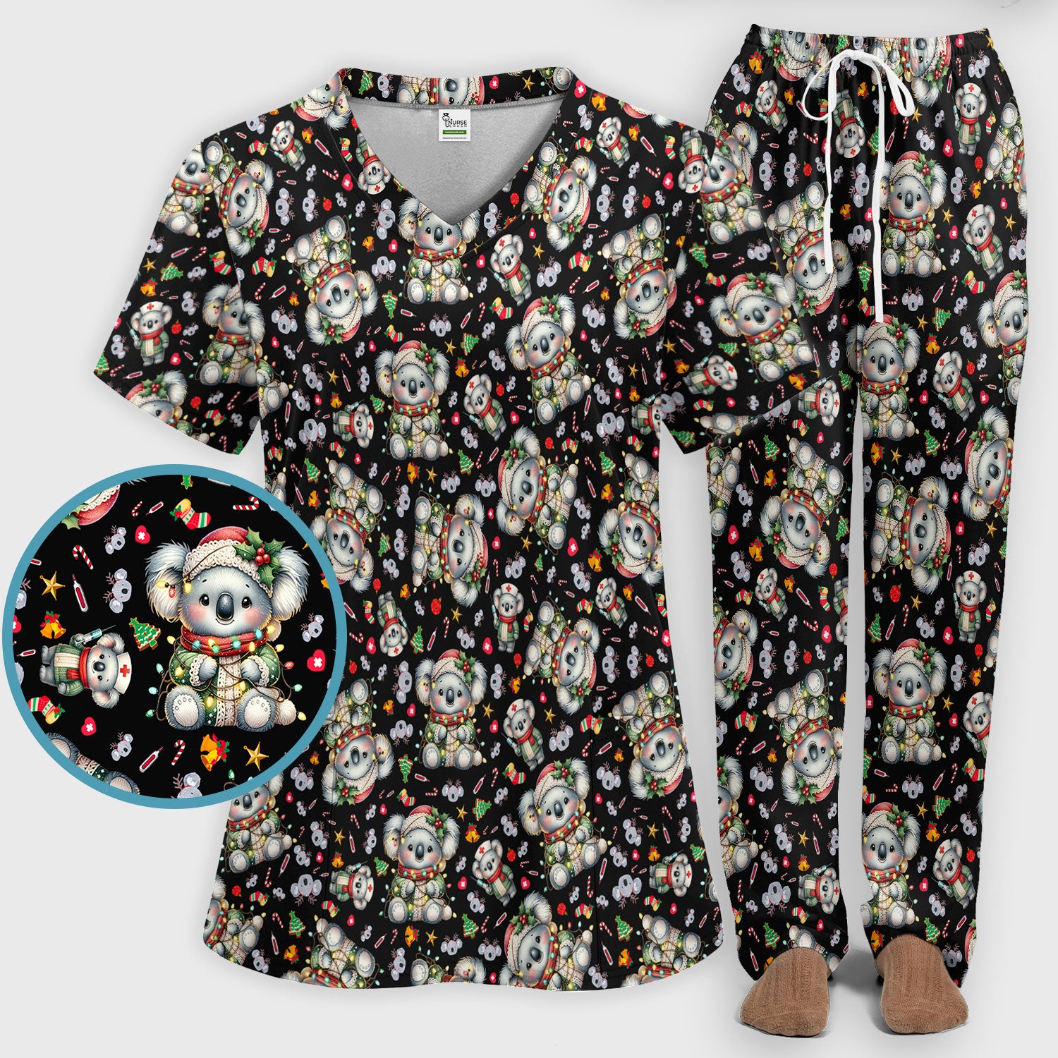 Christmas Koala Scrub Set - Cute Aussie Holiday Nursing Top and Pants - Funny Animal Medical Uniform