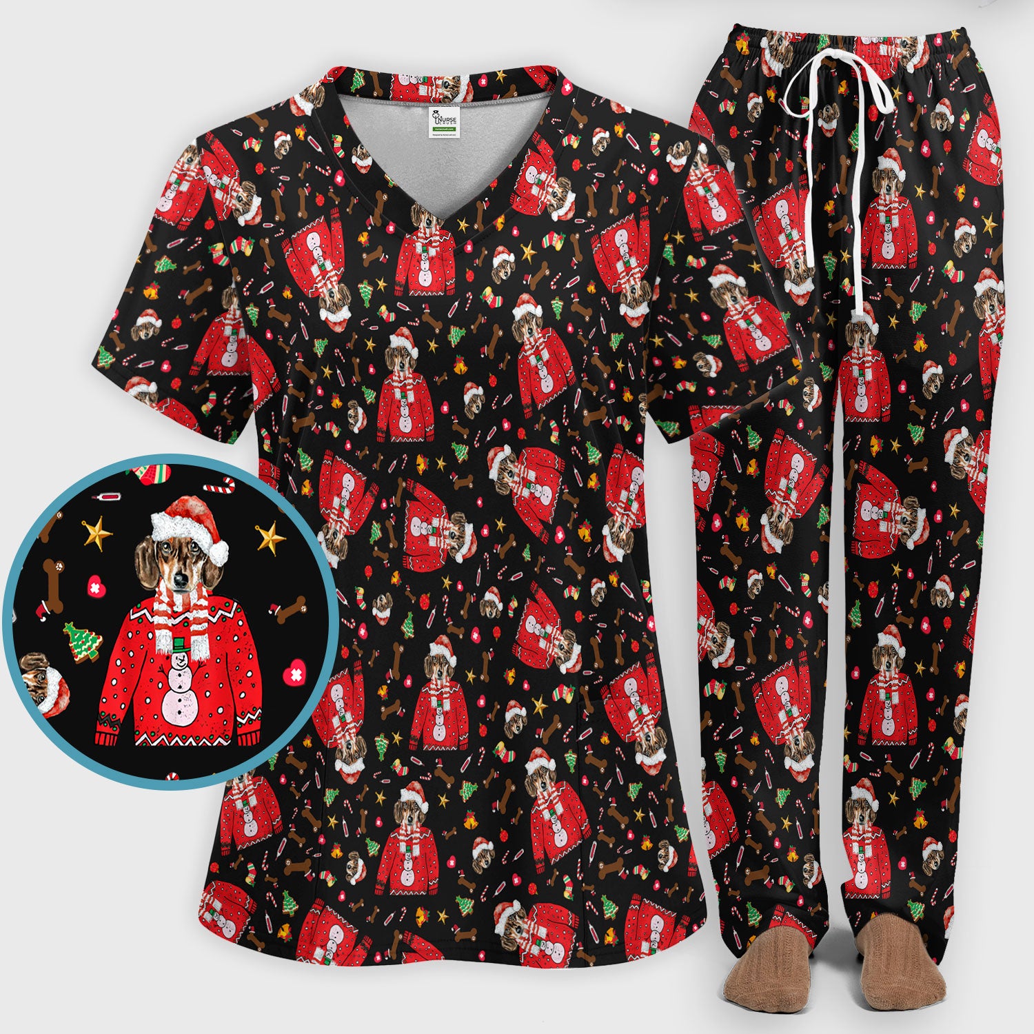Funny Dog Christmas Scrub Set – Cute Puppy in Santa Outfit Pattern – Festive Holiday Medical Uniform For Nurses And Pet Lovers