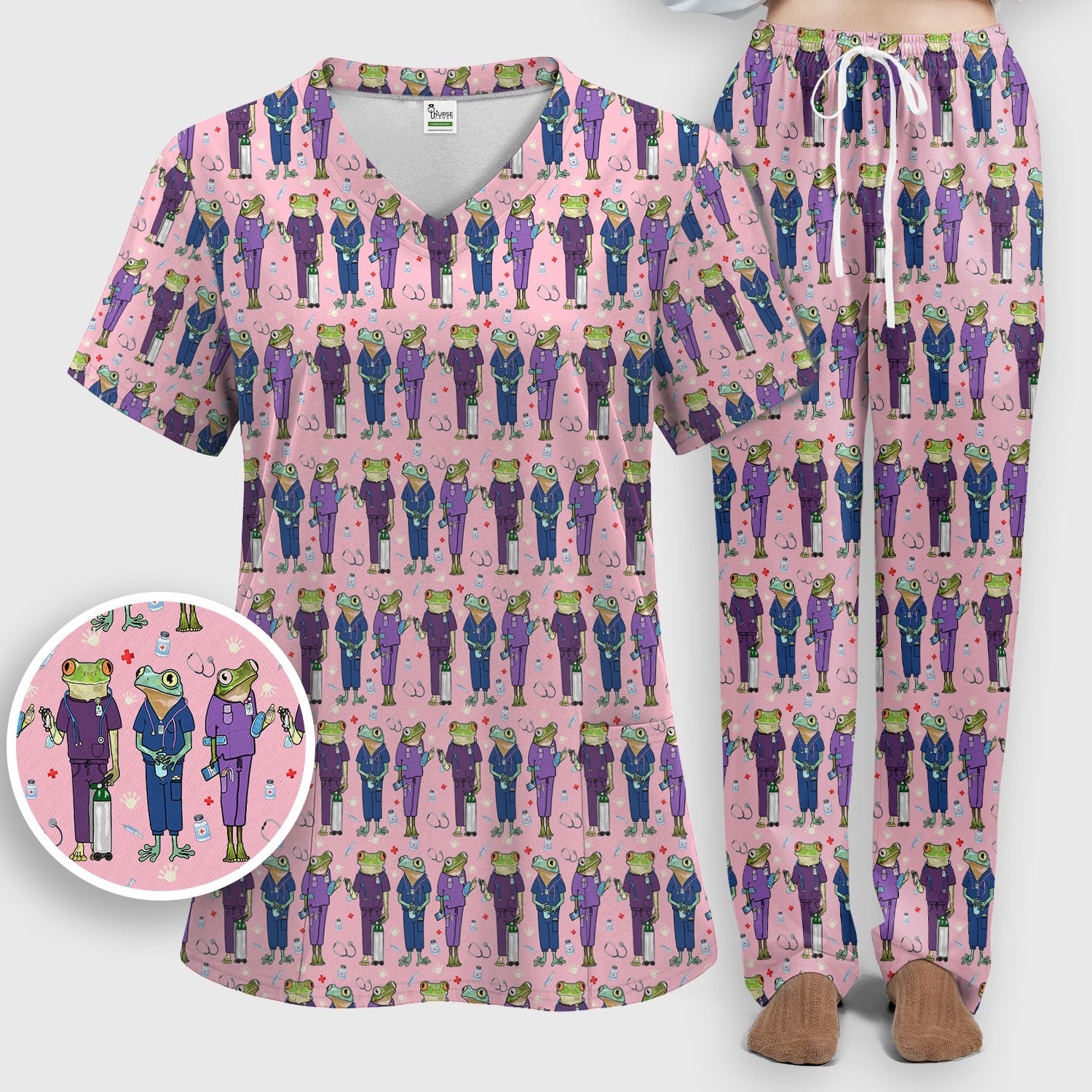 Funny Frog Nurse Pattern Scrub Set, Scrub Pants and V Neck Top