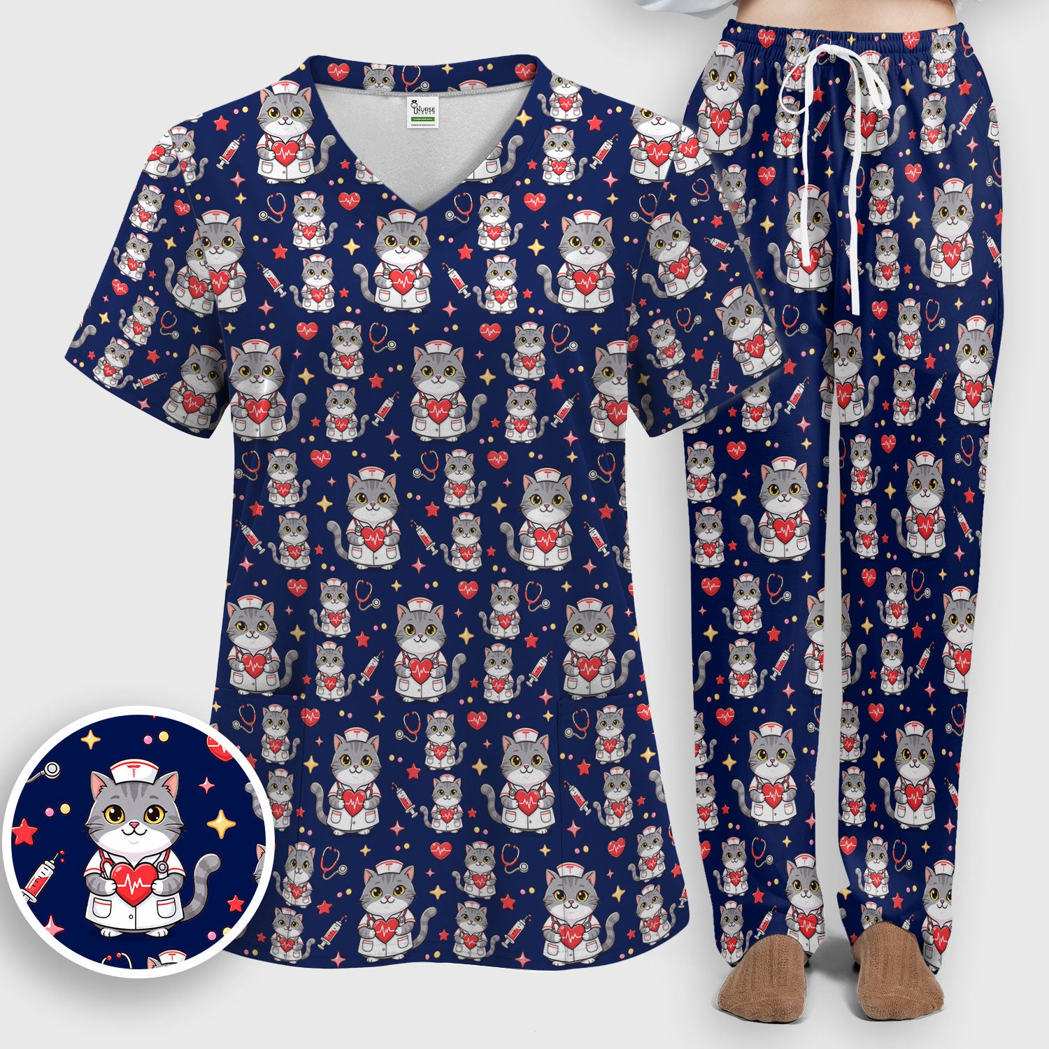 Cute Nurse Cat Heart Medical Print Scrub Set, Scrub Pants and V Neck Top