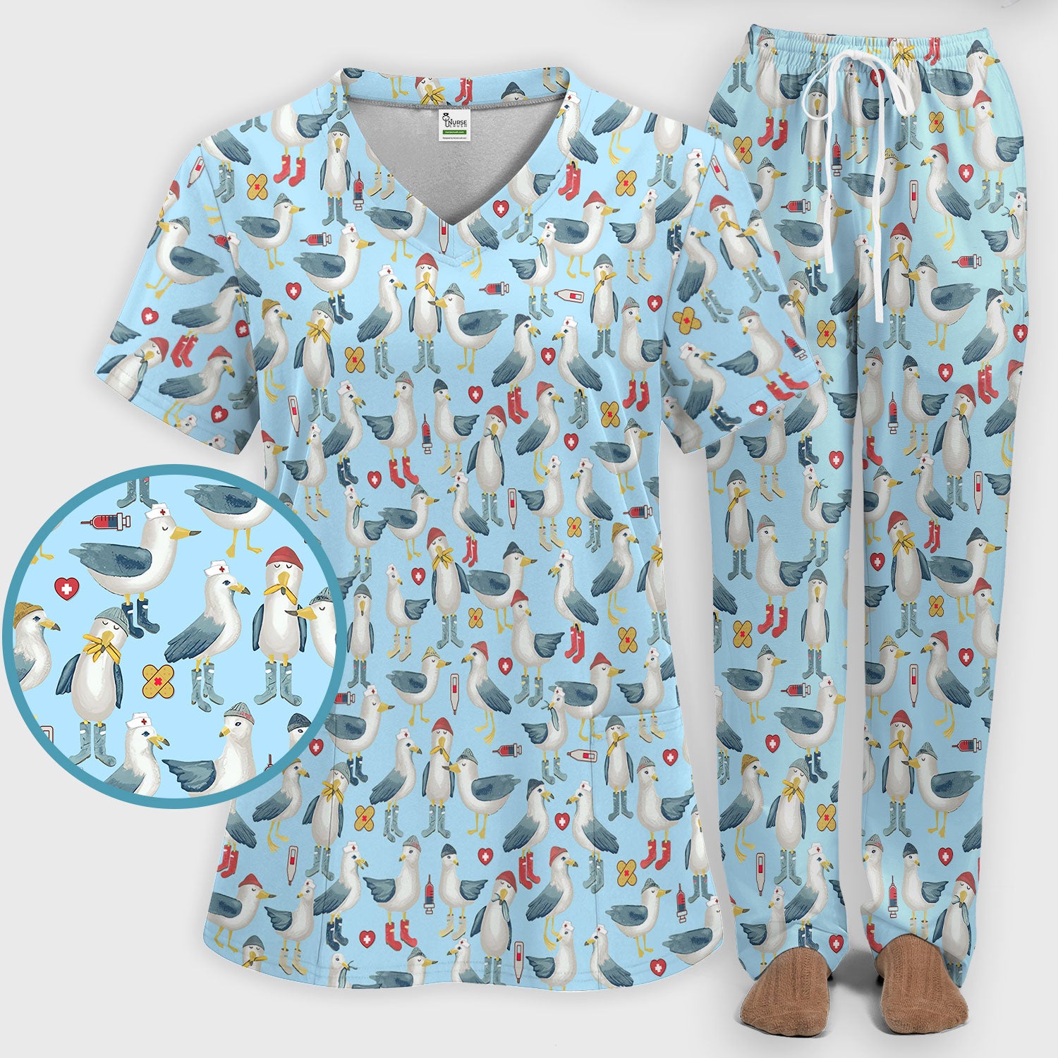 Funny Seagull Nurse Scrub Set - Cute Bird with Medical Icons Scrubs Pants and V Neck Top - Comfortable Scrubs for Women
