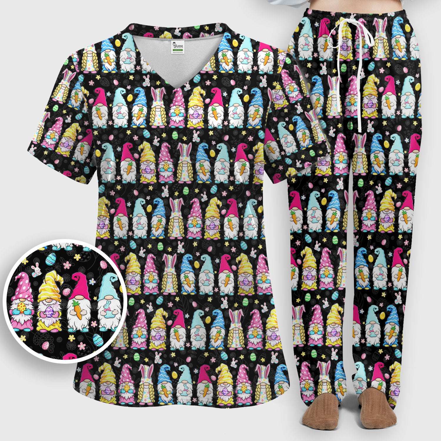 Colorful Easter Gnome Bunny Eggs Pattern Scrub Set, Women's Scrub Sets