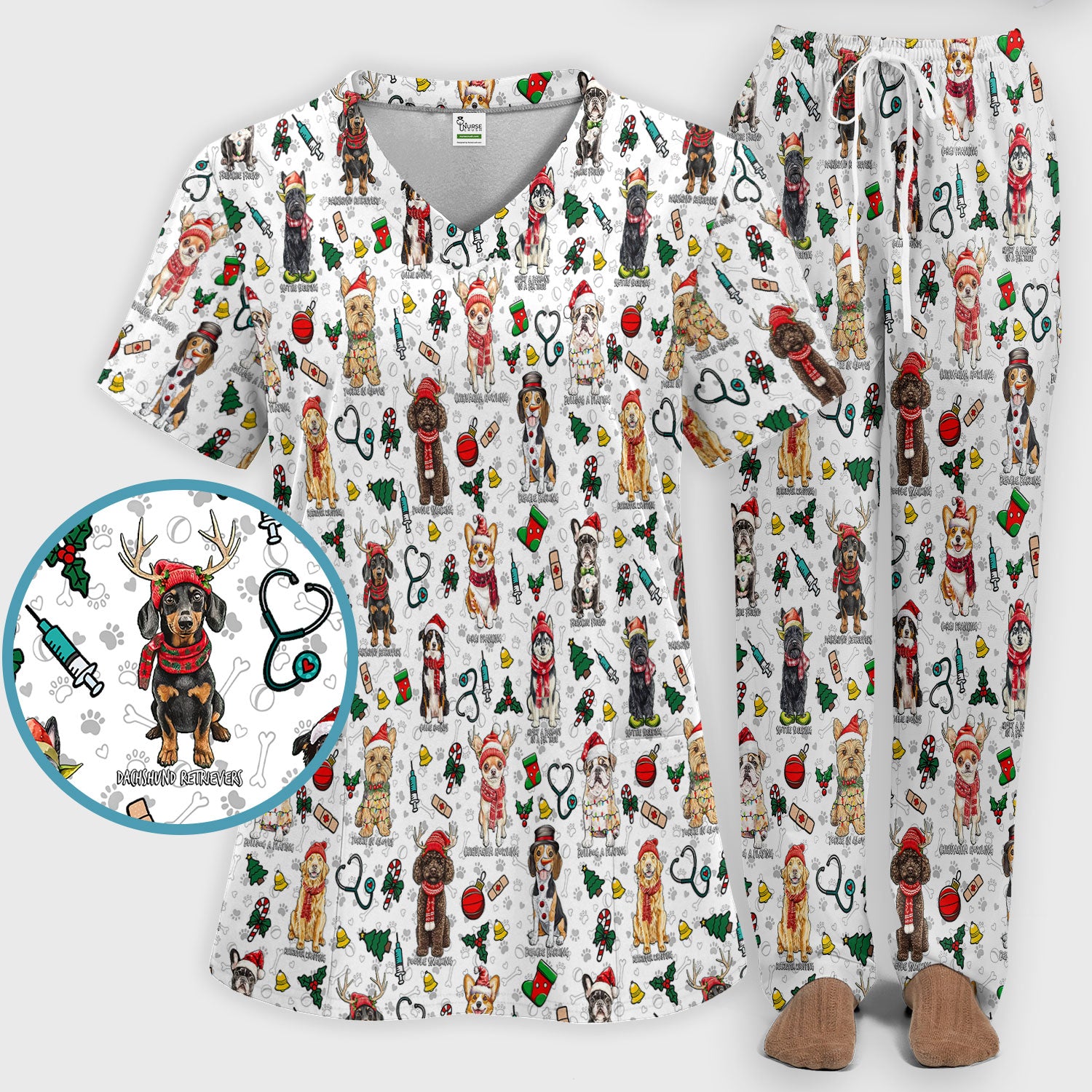 Cute Christmas Dog Scrubs Sets for Nurses - Corgi, Dachshund, Husky, Poodle & Labrador - Funny Holiday Medical Uniform for RN CNA LPN