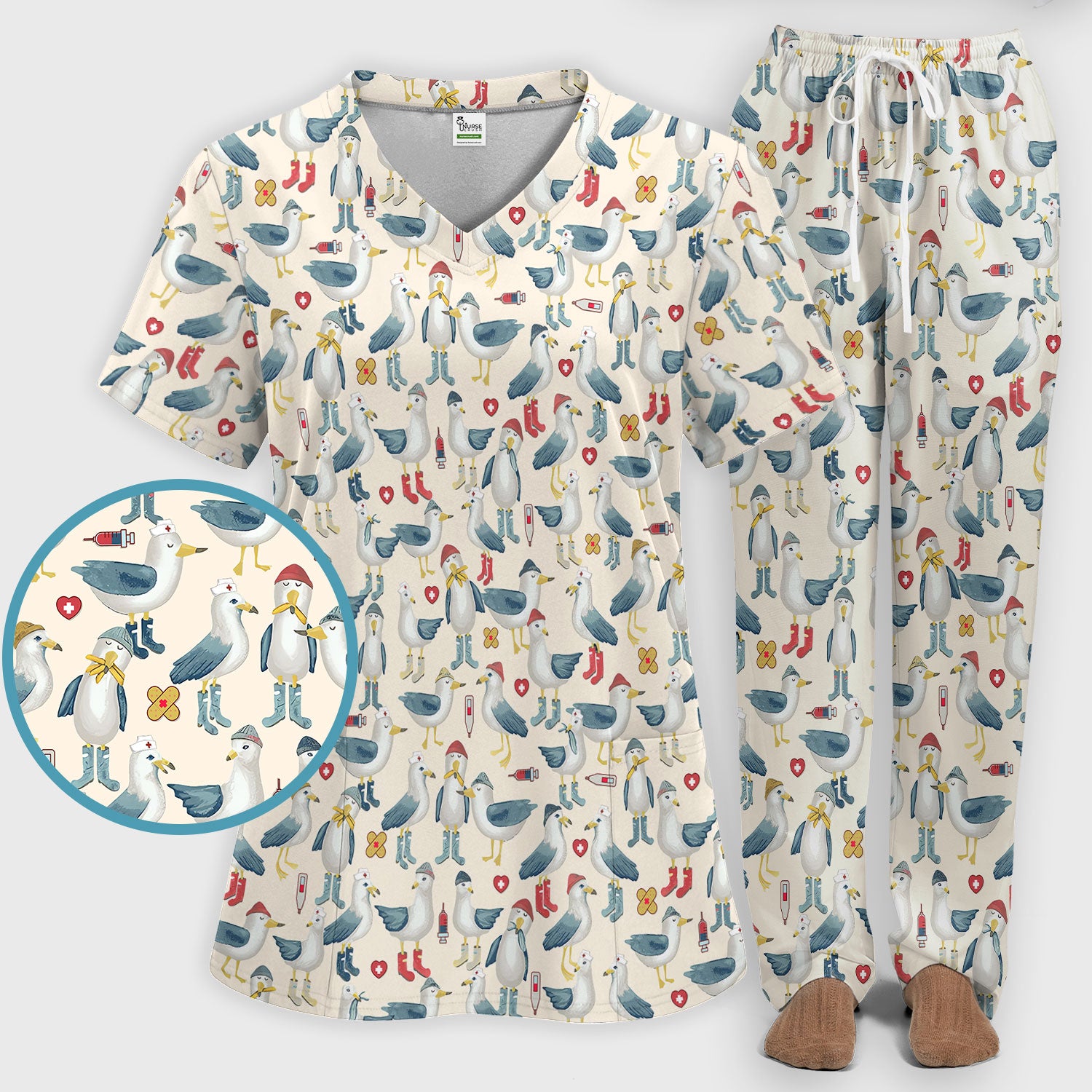 Funny Seagull Nurse Scrub Set - Cute Bird with Medical Icons Scrubs Pants and V Neck Top - Comfortable Scrubs for Women