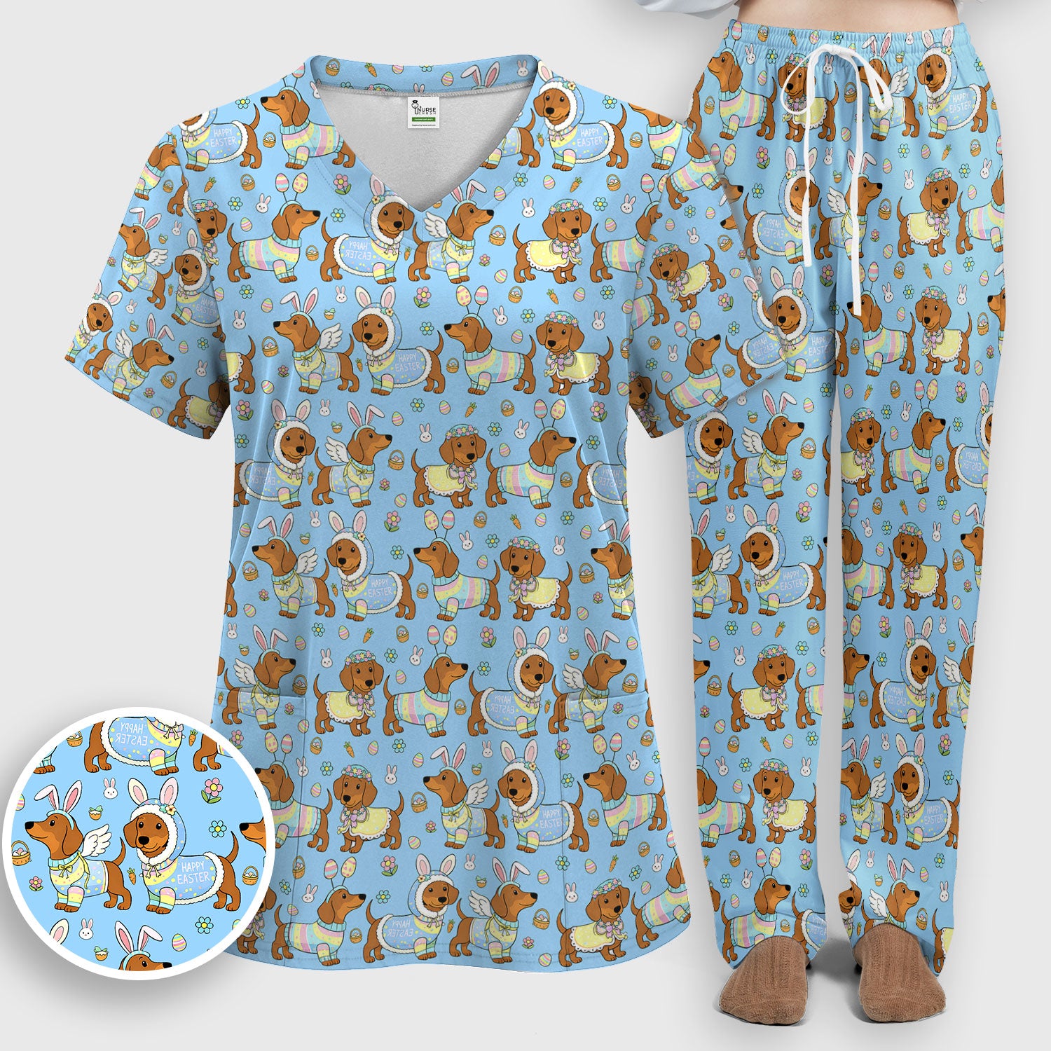 Easter Dachshund Bunny Pattern Scrub Set, Scrub Pants and V Neck Top