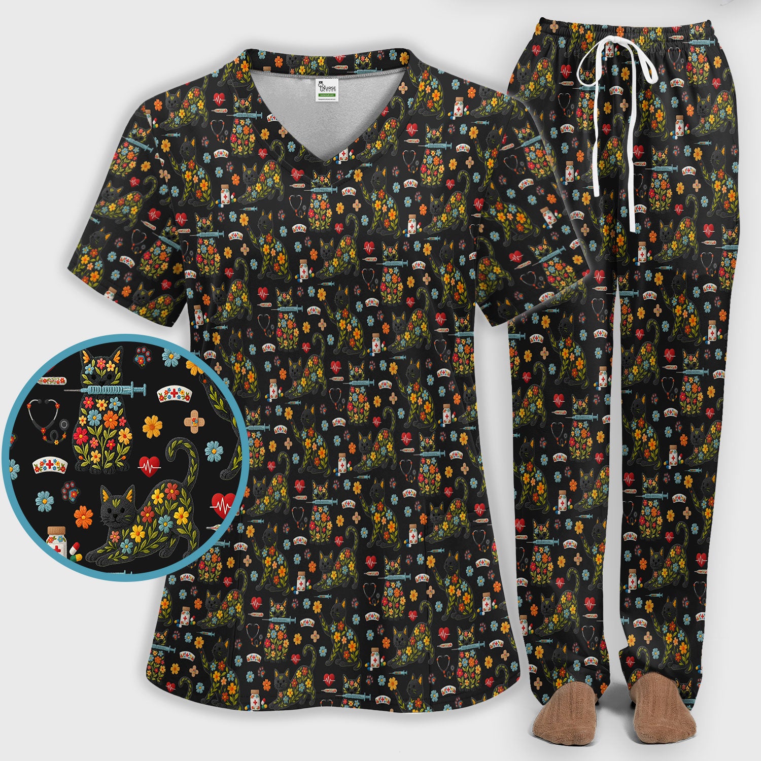 Floral Black Cat Pattern Scrub Set, Cute Cat Nurse Scrub Shirt, Medical Nursing Uniform