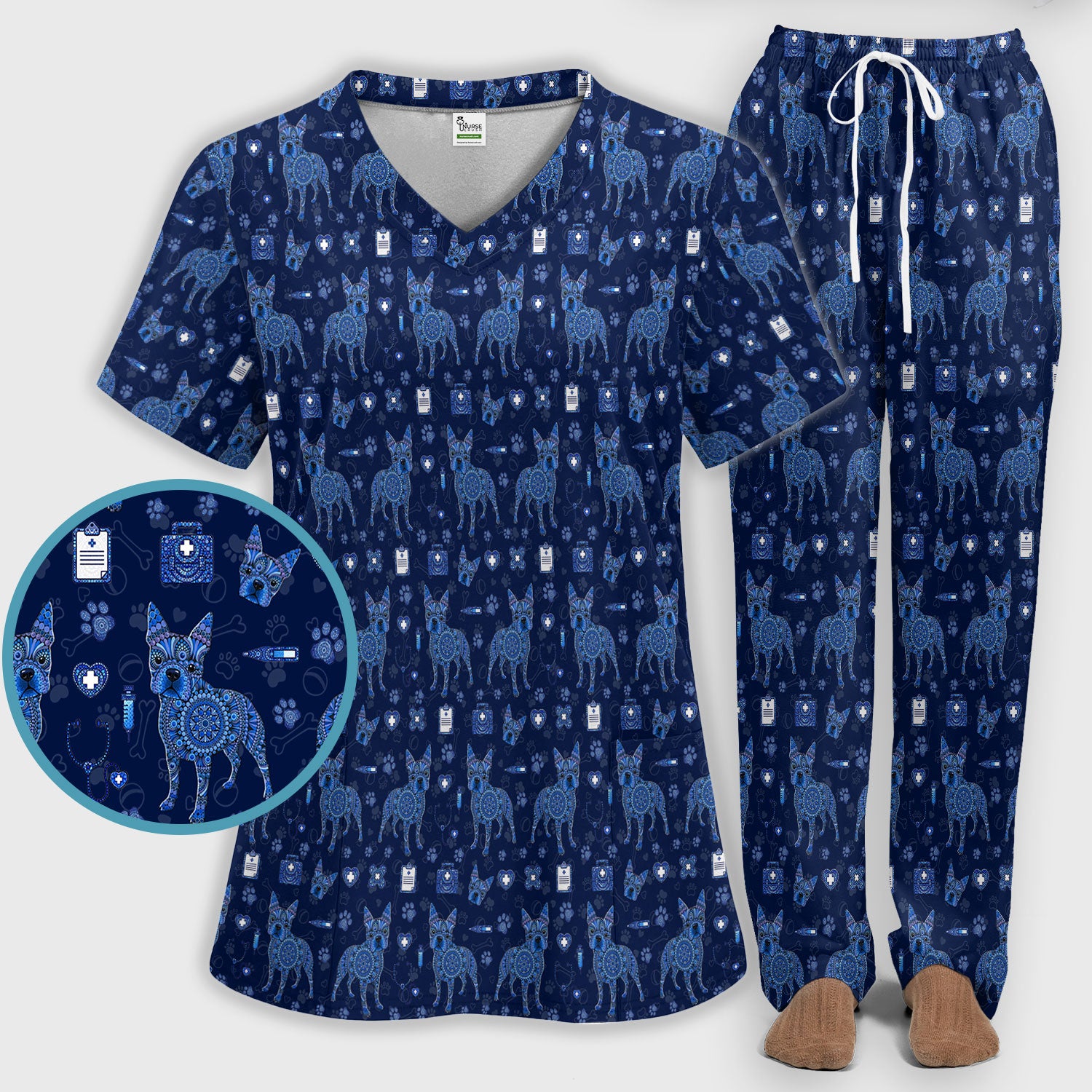 Blue Heeler Australian Cattle Dog Scrub Set, Australia Dot Art Pattern Shirt, Breathable Fabrics Nursing Uniform