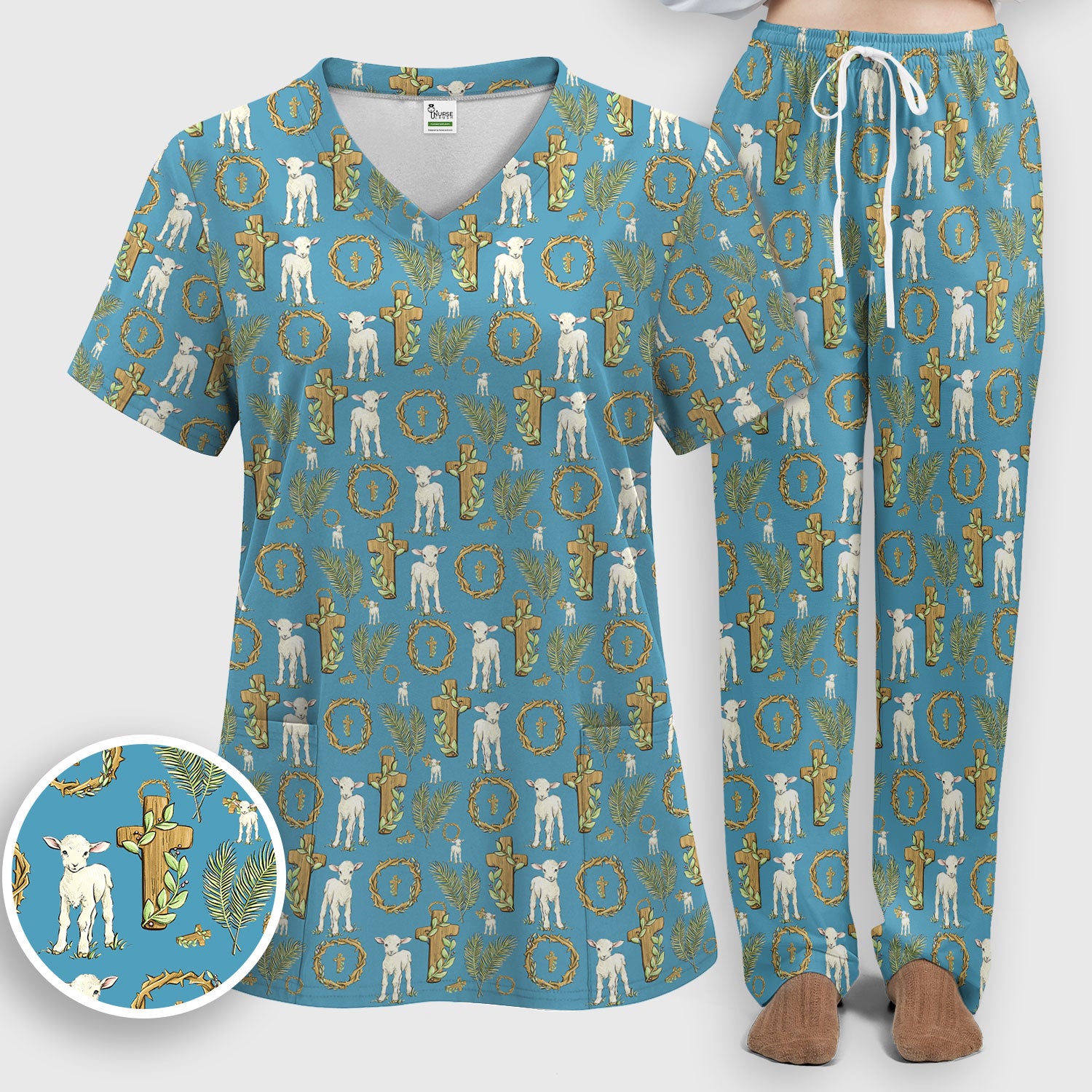 Faith Lamb Cross Pattern Women's Scrub Set, Scrub Pants and V Neck Top
