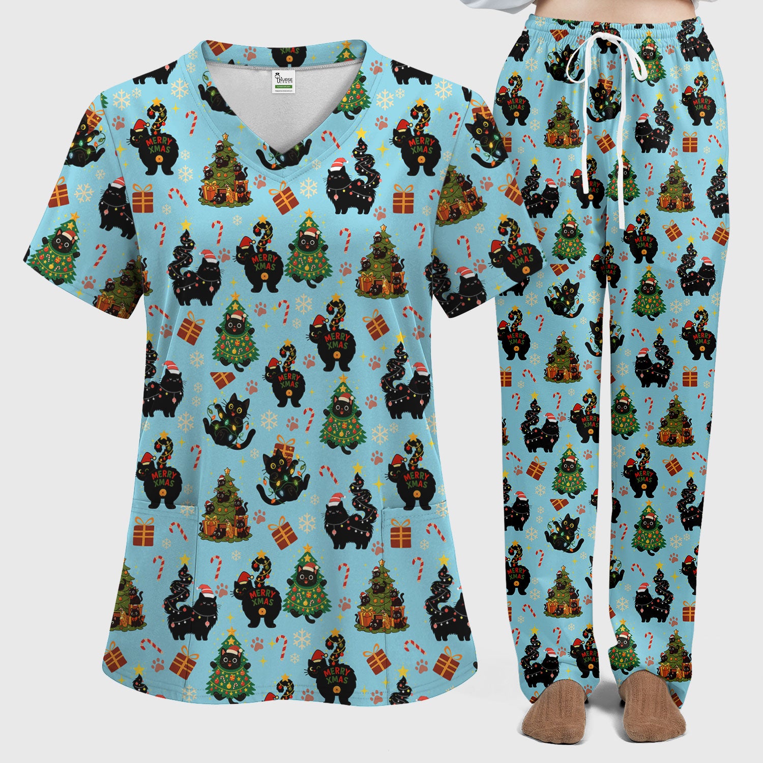 Christmas Cat Scrub Set for Women - Black Cat and Tree Pattern Holiday Nurse Scrubs - Cute Gift for RN LPN CNA