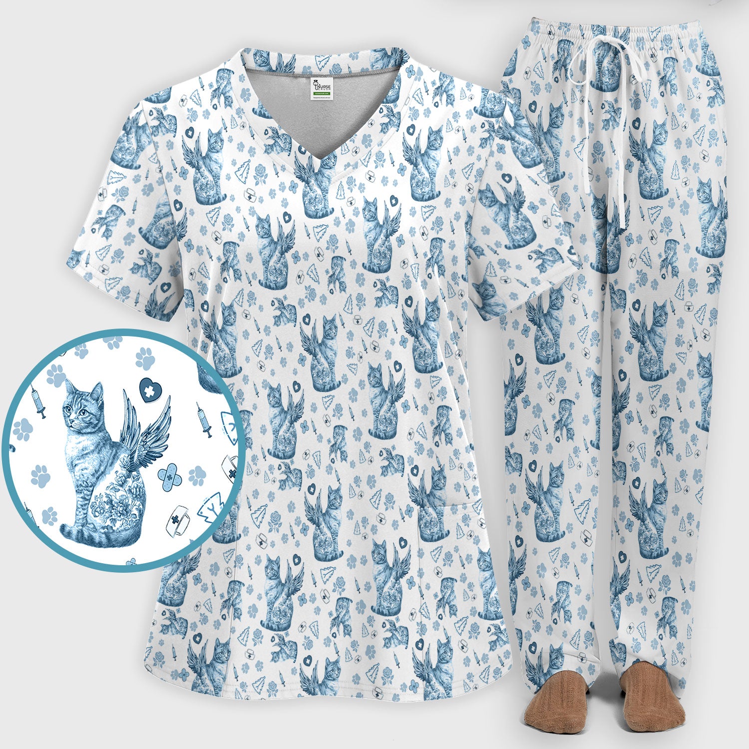 Toile de Jouy Cat Angel Scrub Set - Blue Vintage Nurse Pants and V Neck Top - French Style Medical Uniform for Women