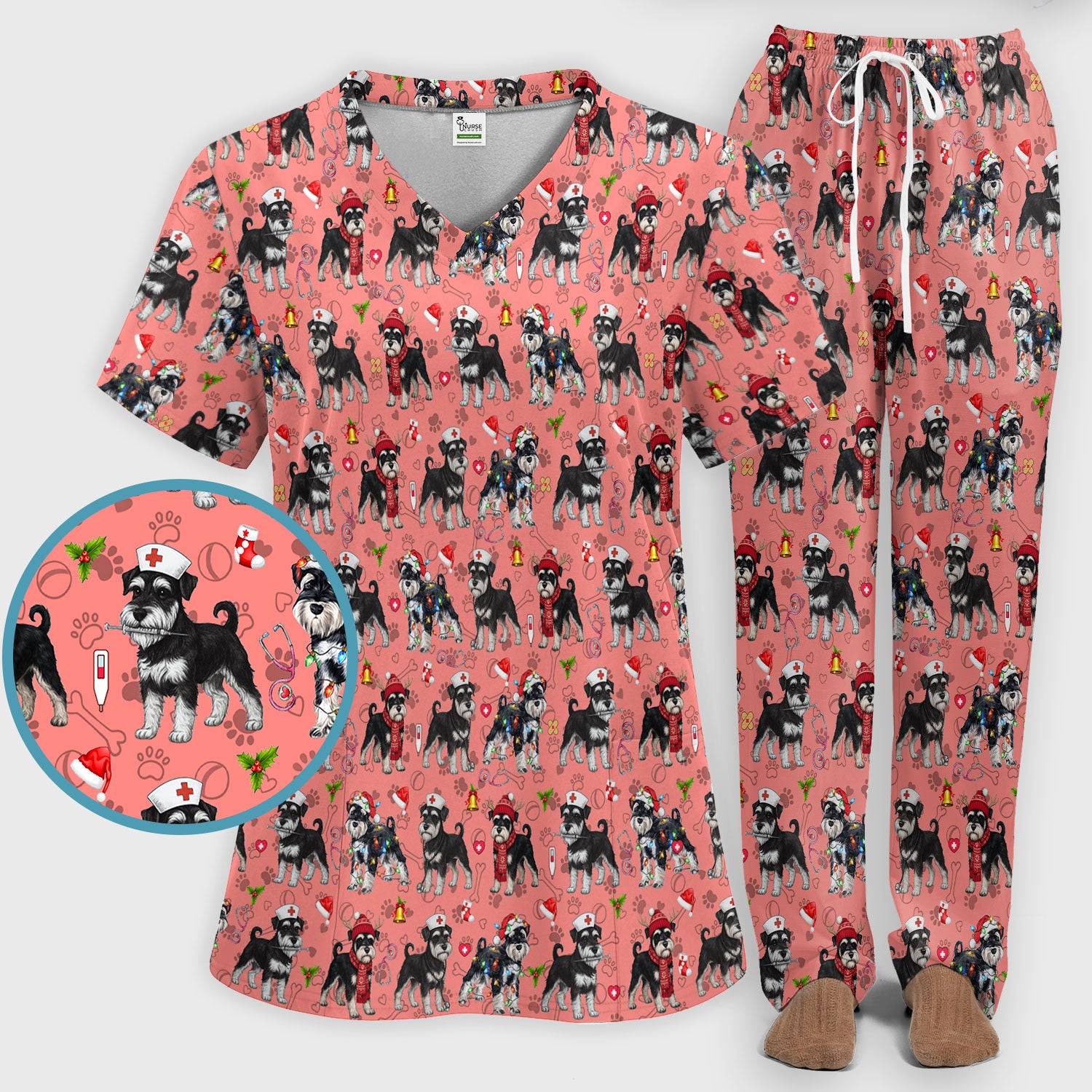 Christmas Schnauzer Scrub Set for Nurses - Cute Dog Holiday Scrubs Pants and V Neck Top - Funny Santa Nursing Medical Shirt for Women
