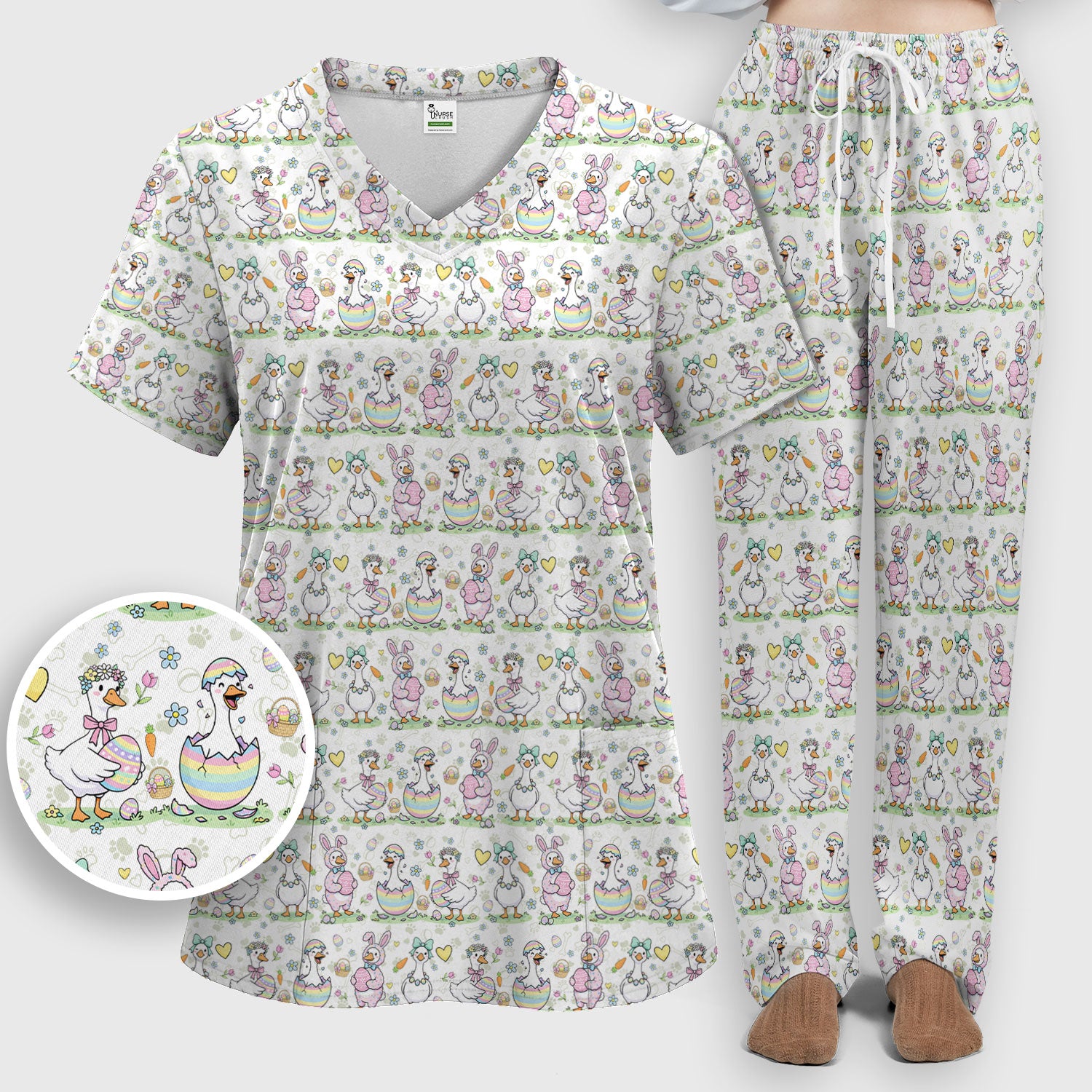 Spring Easter Goose and Bunny Print Scrub Set, Breathable Med Uniform
