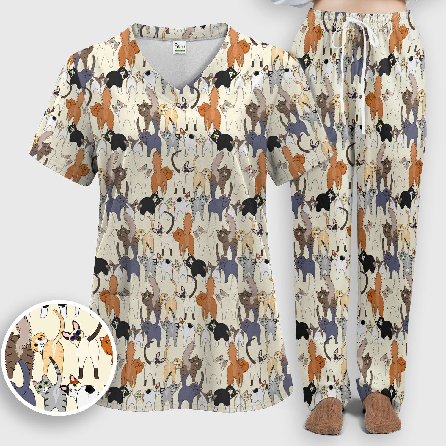 Whimsical Multicolor Cat Cartoon Pattern Scrub Set, Breathable Med Uniform