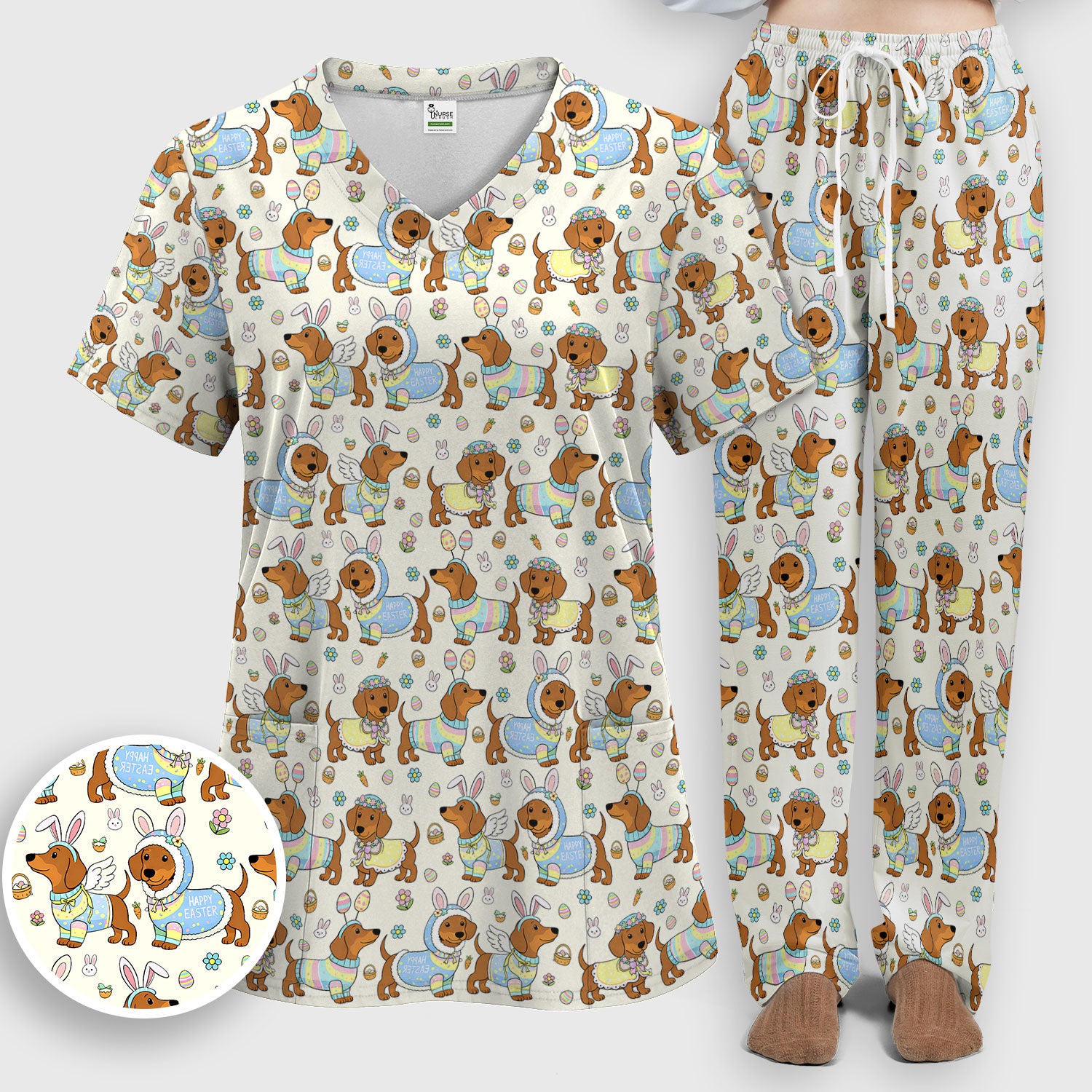 Easter Dachshund Bunny Pattern Scrub Set, Scrub Pants and V Neck Top