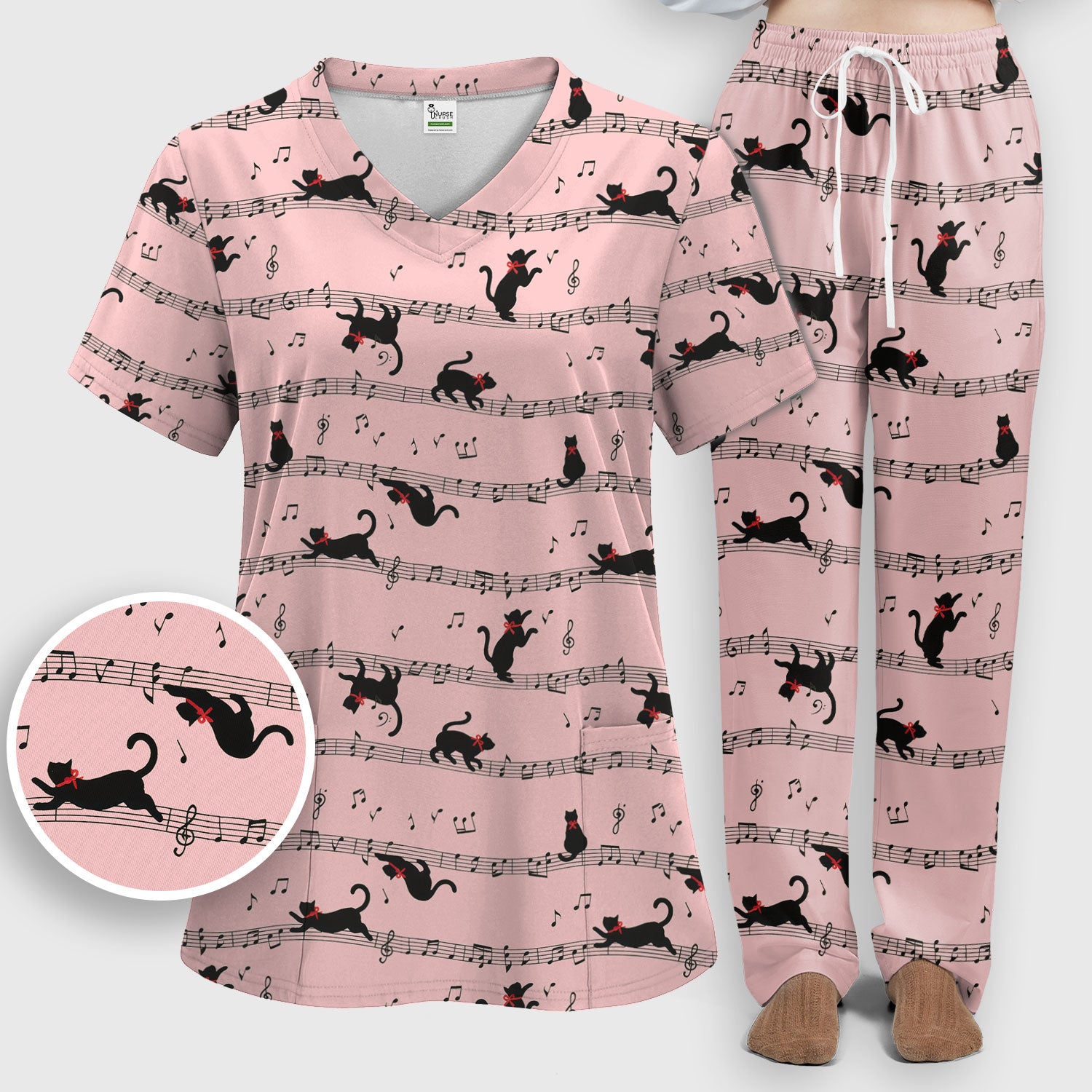 Cute Dancing Black Cat Music Staff Pattern Scrub Set, Scrub Pants and V Neck Top