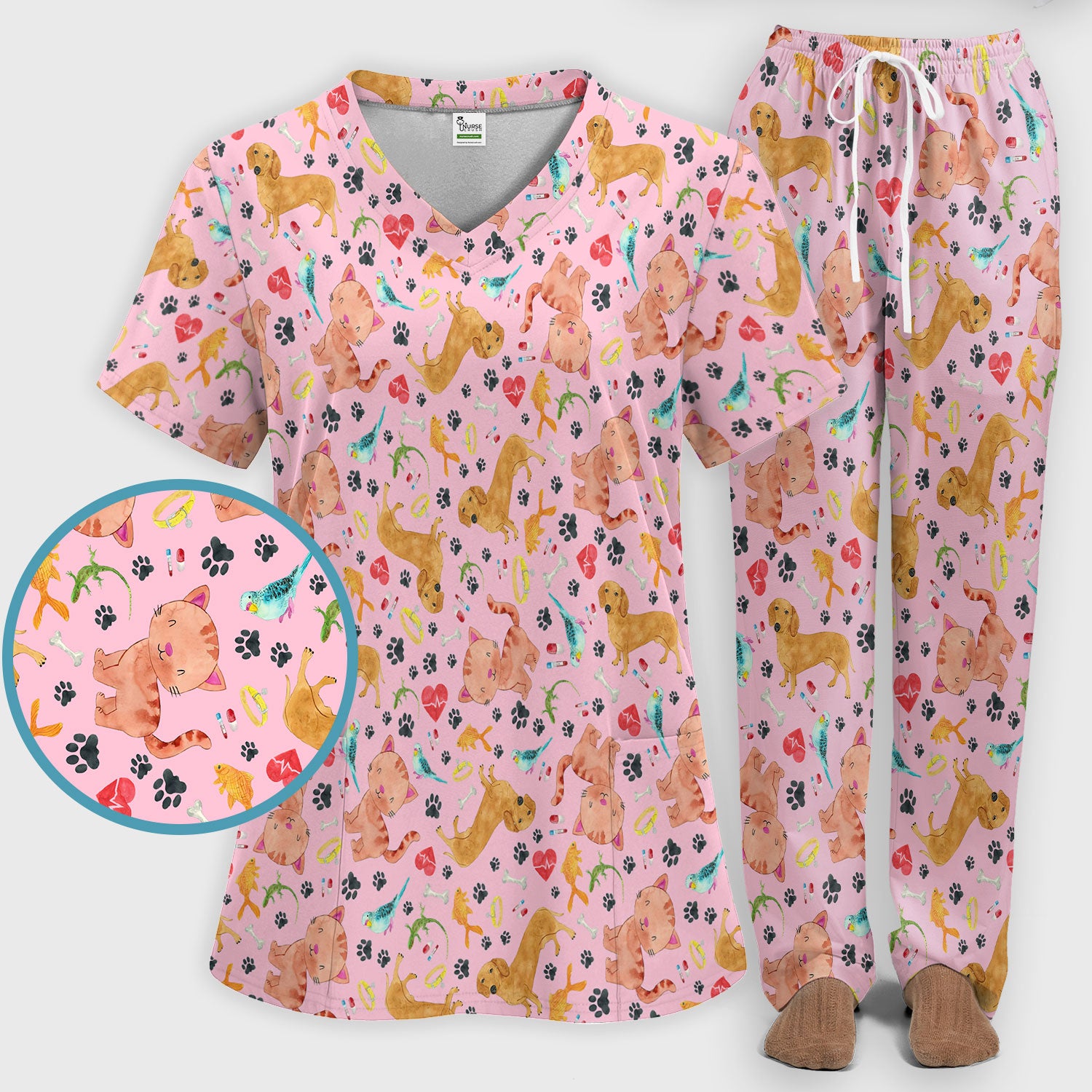 Cute Cat Dog Scrub Set - Animal Lover Medical Uniform - Funny Veterinary Nurse Gift for Women RN CNA LPN