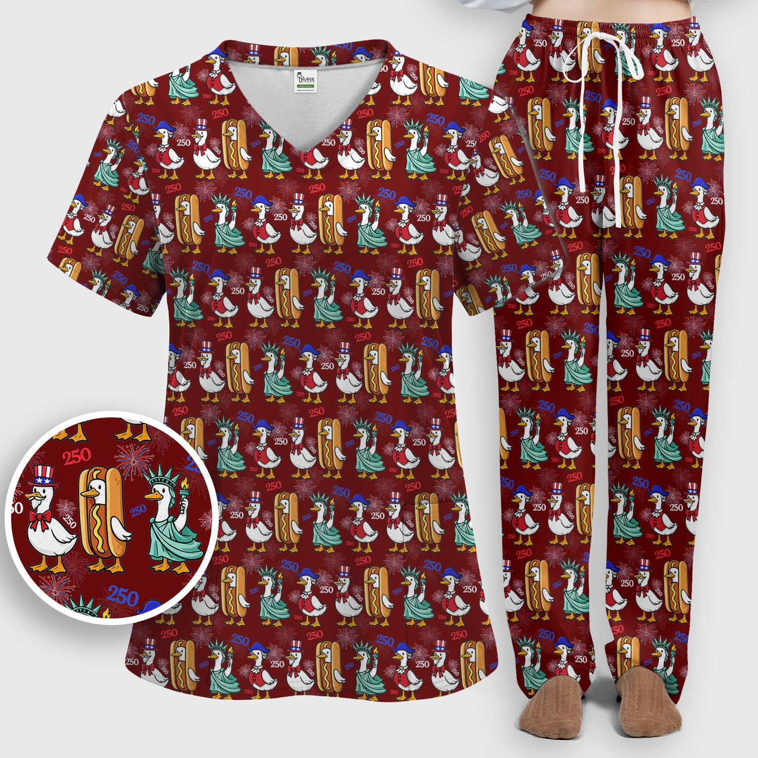 Patriotic Duck Independence Day Pattern Scrub Set, Scrub Pants and V Neck Top