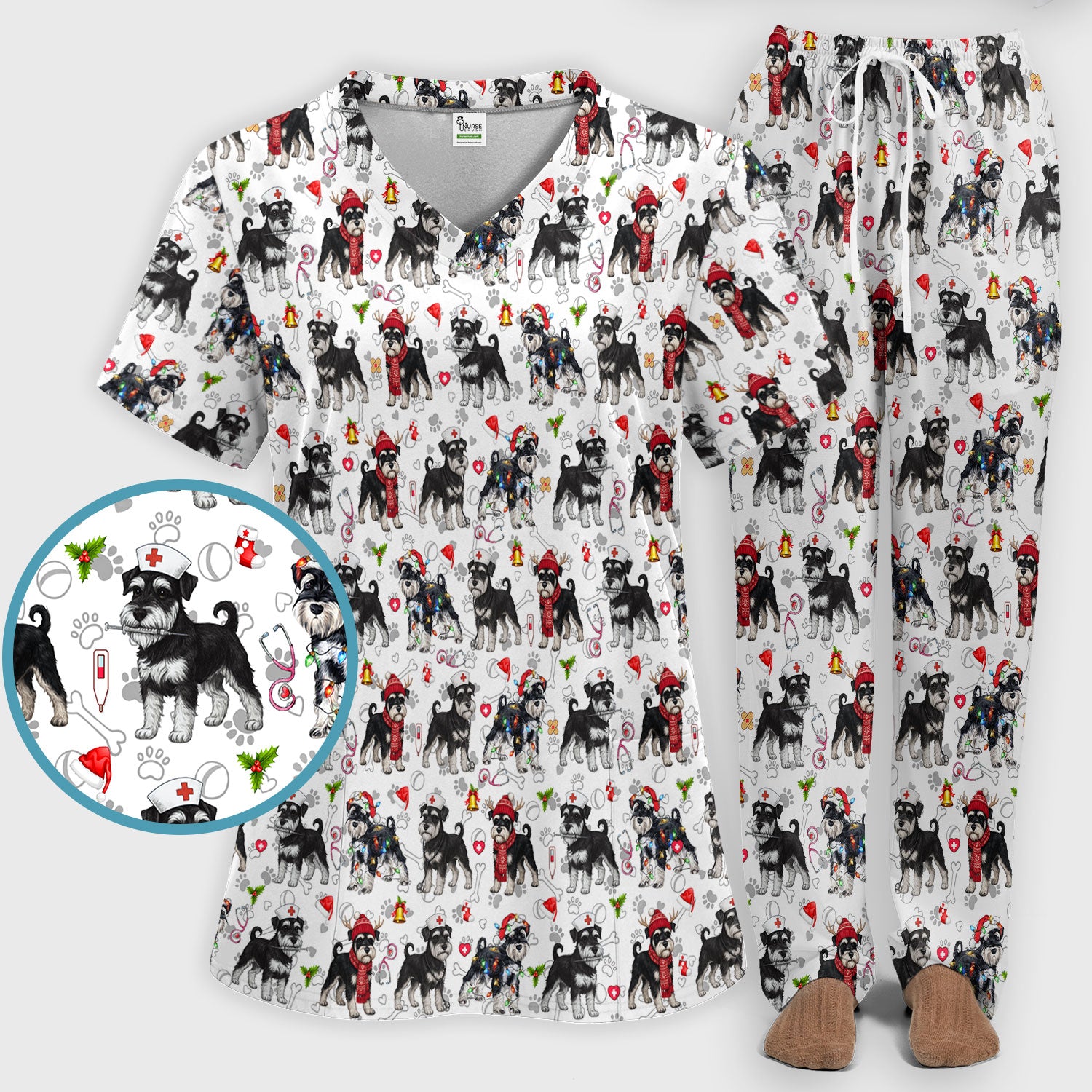 Christmas Schnauzer Scrub Set for Nurses - Cute Dog Holiday Scrubs Pants and V Neck Top - Funny Santa Nursing Medical Shirt for Women