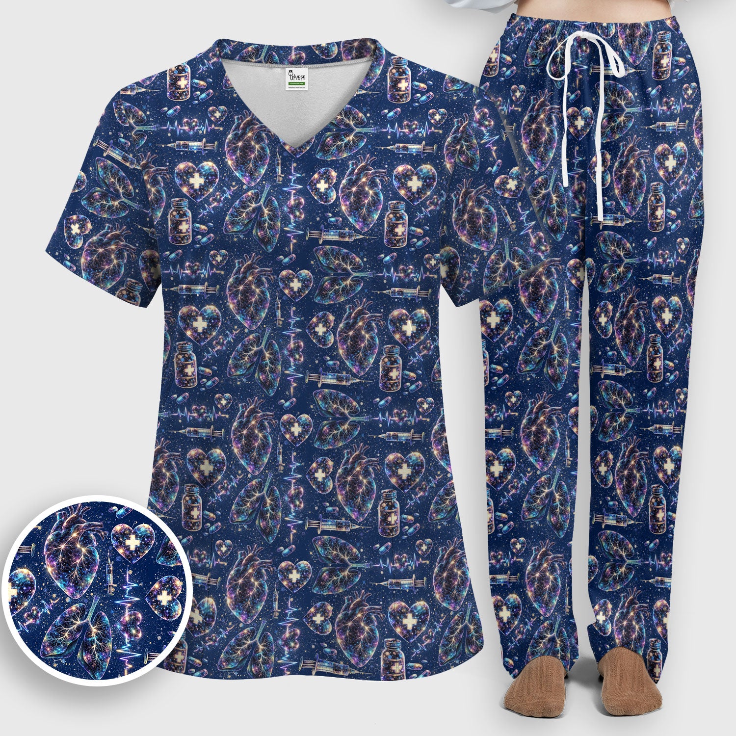 Galaxy Anatomical Heart Lung Syringe Print Scrub Set, Breathable Med Uniform
