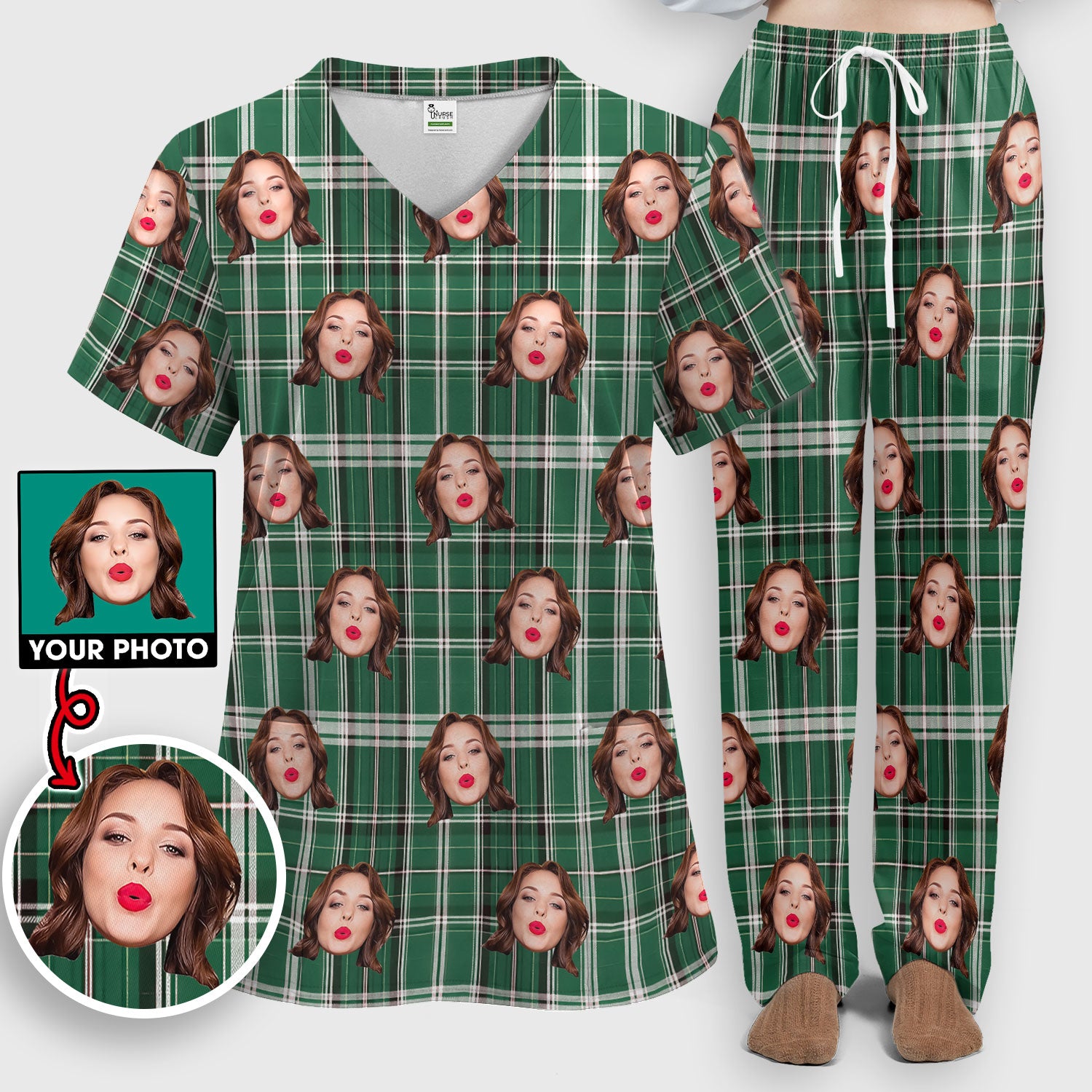 Personalized Funny Face Plaid Scrub Set, Custom Photo Pattern Medical Uniform For Nurses, Breathable Fabrics Nursing Uniform