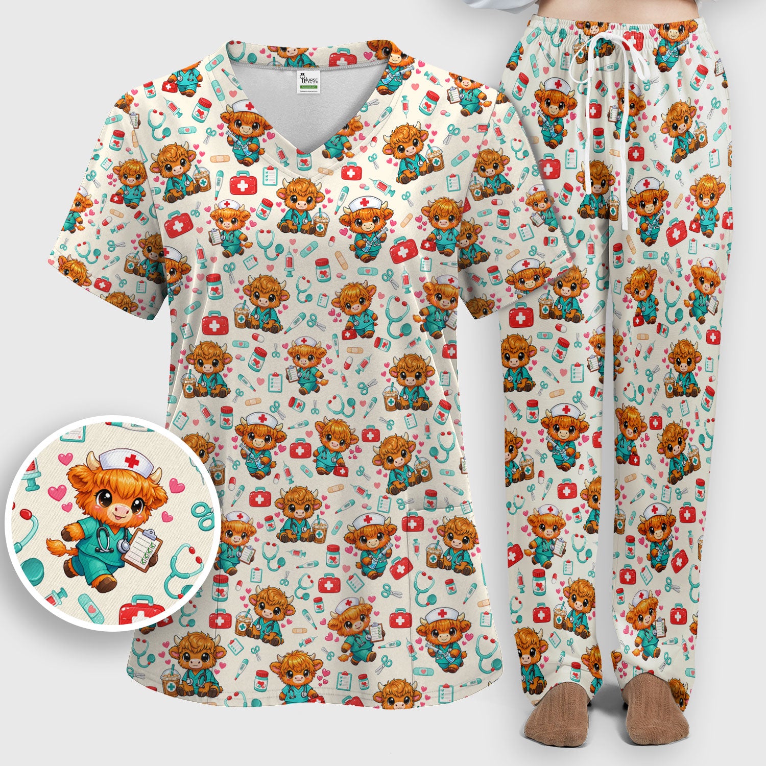 Cute Highland Cow Nurse Scrub Set, Kawaii Medical Pattern Shirt, Breathable Fabrics Nursing Uniform