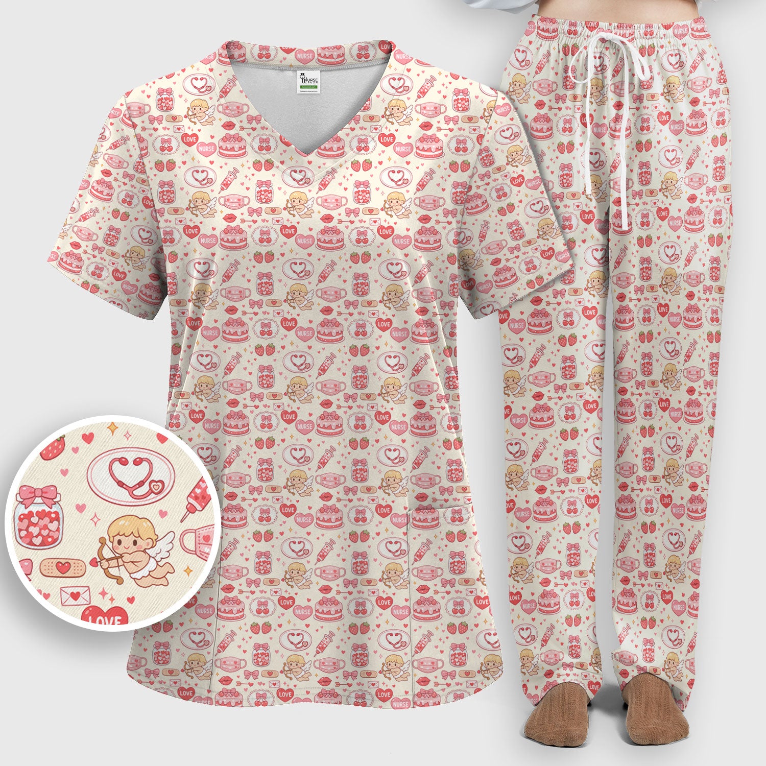 Cupid Nurse Scrub Set, Cute Love Medical Pattern Shirt For Valentine, Breathable Fabrics Nursing Uniform