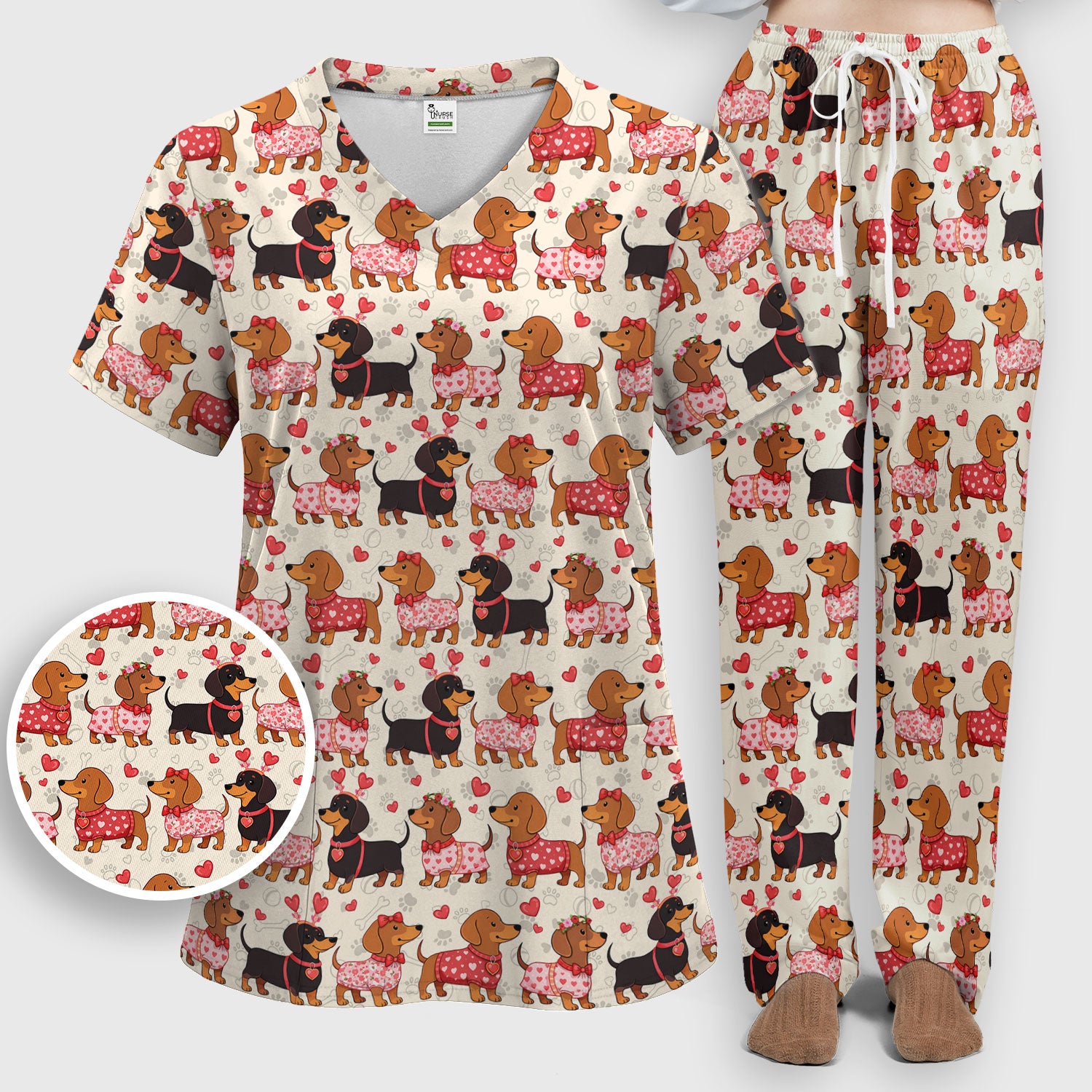 Valentine Dachshund Scrub Top, Wiener Dog Love Pattern Nurse Shirt, Breathable Fabrics Nursing Uniform