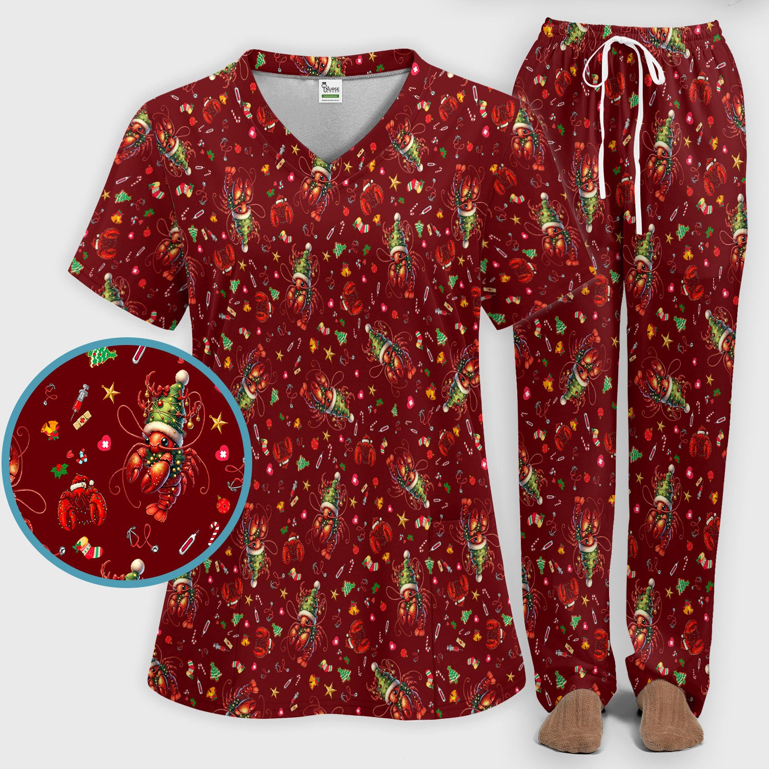 Whimsical Crawfish Christmas Scrub Set – Southern Christmas Cajun Holiday Crawfish Pattern – Cute Medical Uniform for Nurses, Vets And Healthcare Workers