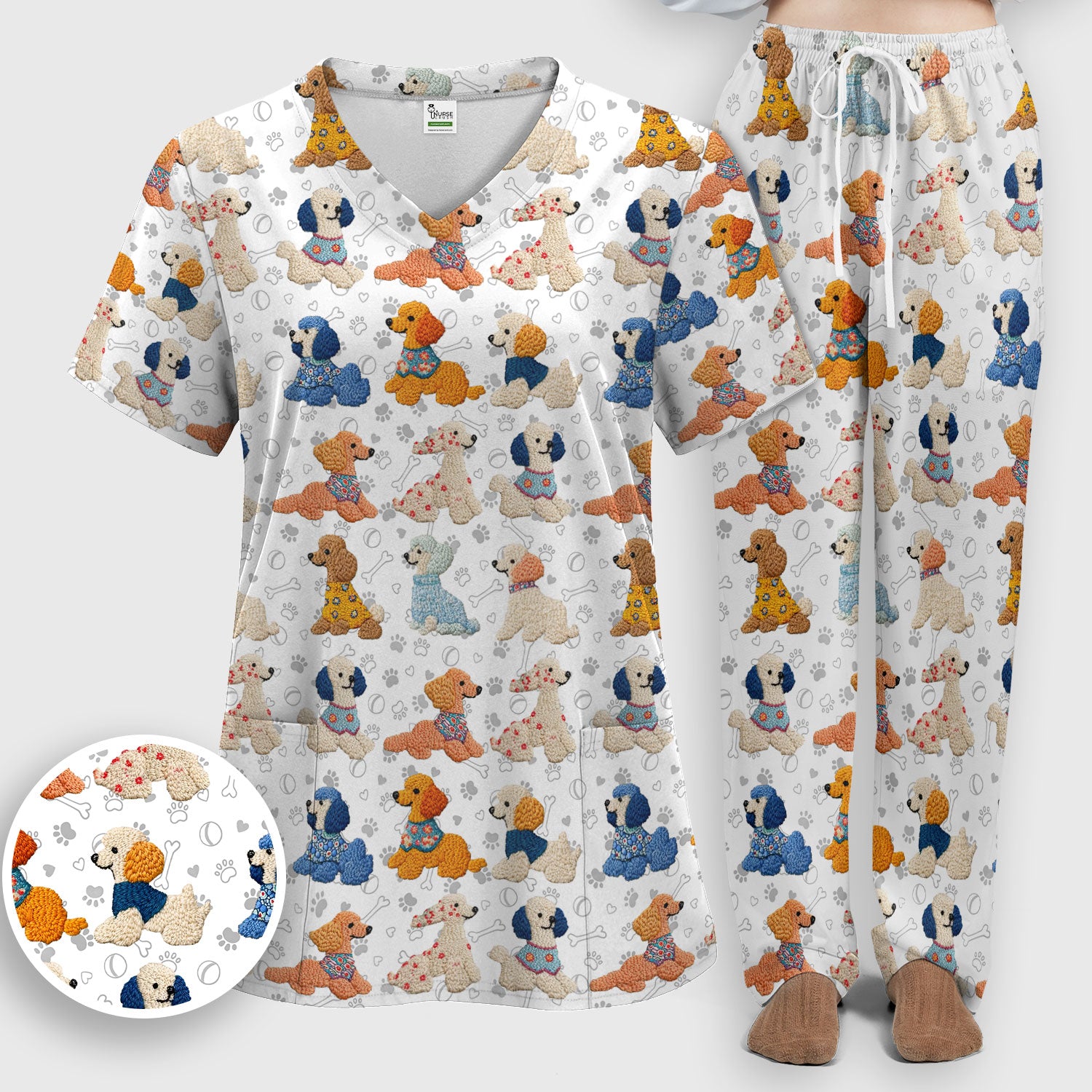 Cute Colorful Poodle Pattern Scrub Set, Scrub Pants and V Neck Top